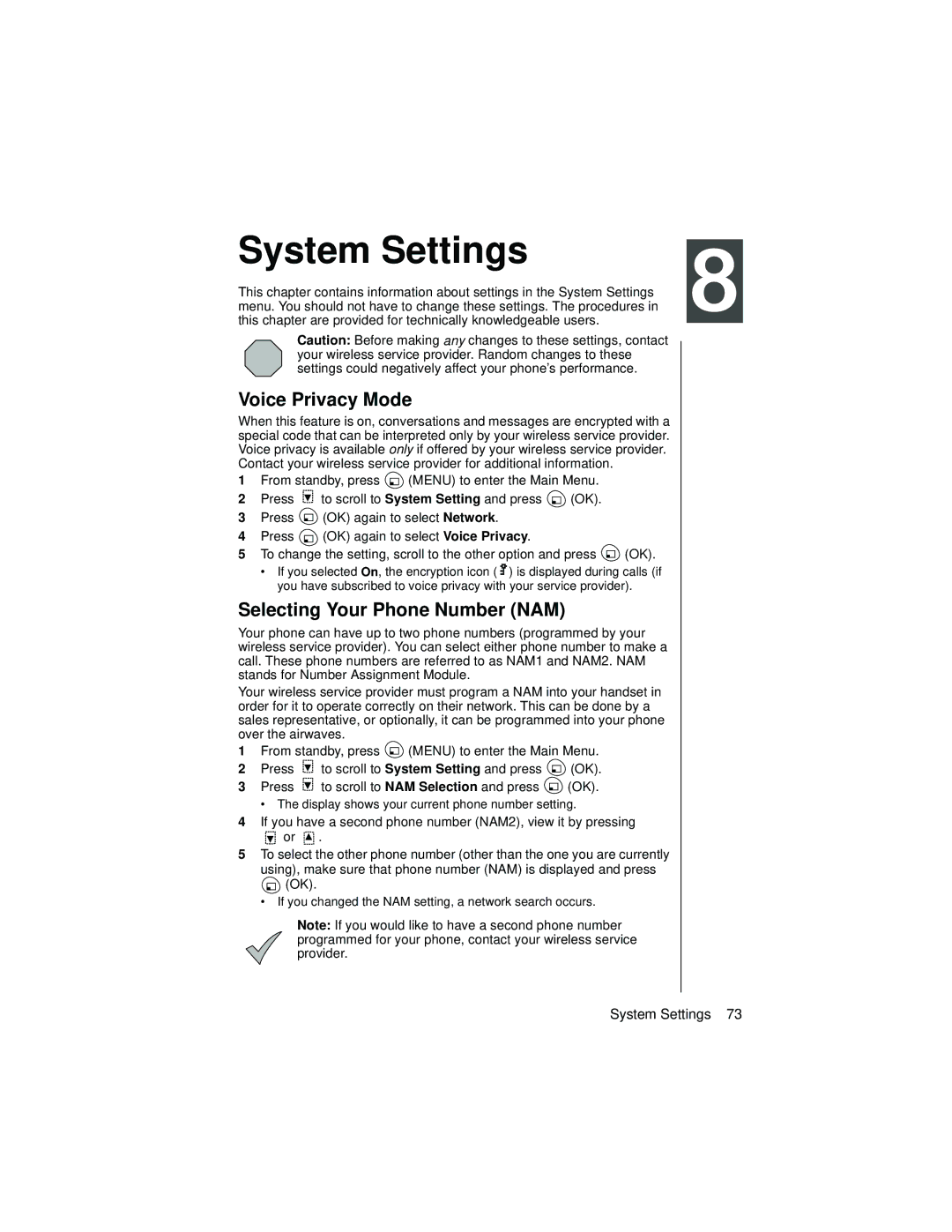 Panasonic EB-TX310 operating instructions System Settings, Voice Privacy Mode, Selecting Your Phone Number NAM 