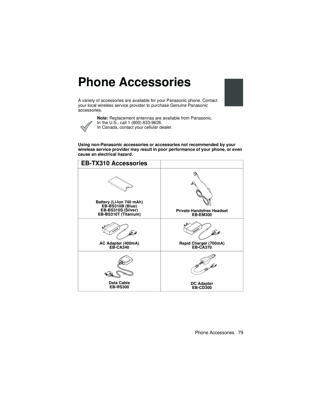 Panasonic operating instructions Phone Accessories, EB-TX310 Accessories 