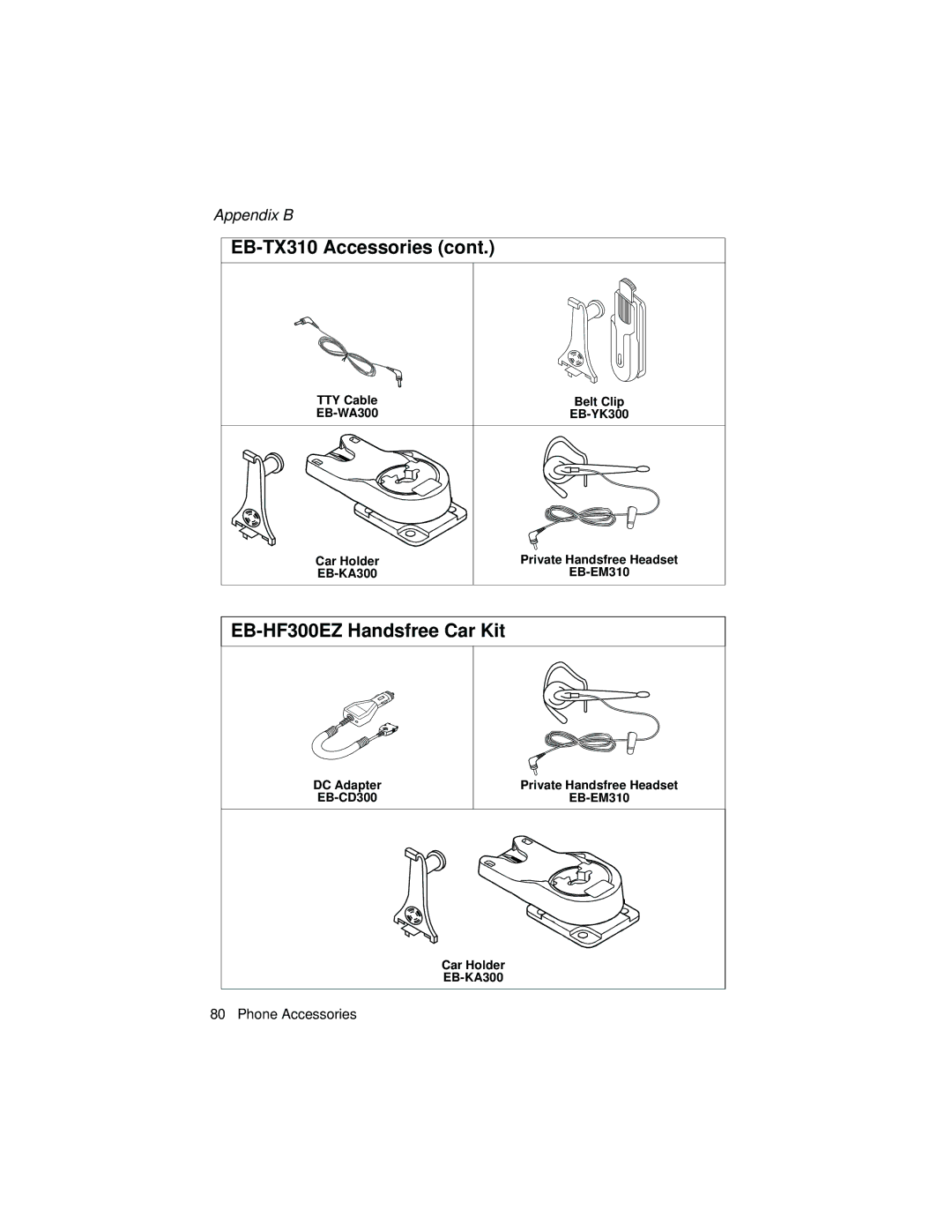 Panasonic EB-TX310 operating instructions EB-HF300EZ Handsfree Car Kit, EB-CD300 EB-EM310 Car Holder EB-KA300 