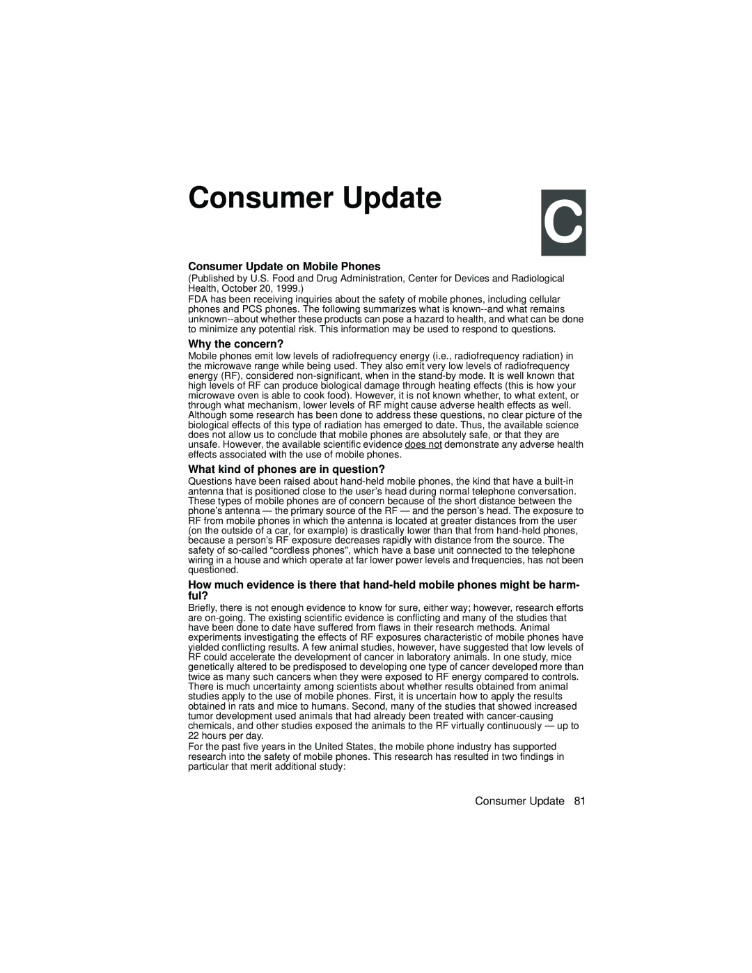 Panasonic EB-TX310 operating instructions Consumer Update on Mobile Phones 