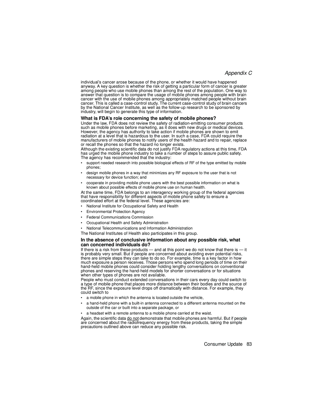 Panasonic EB-TX310 operating instructions What is FDA’s role concerning the safety of mobile phones? 