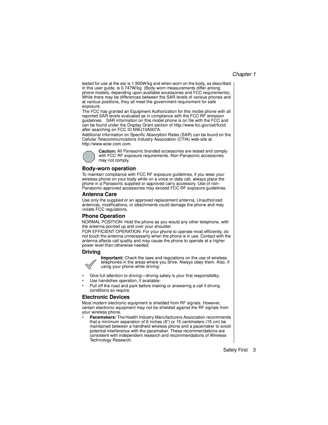 Panasonic EB-TX320 operating instructions Body-worn operation, Antenna Care, Phone Operation, Driving, Electronic Devices 