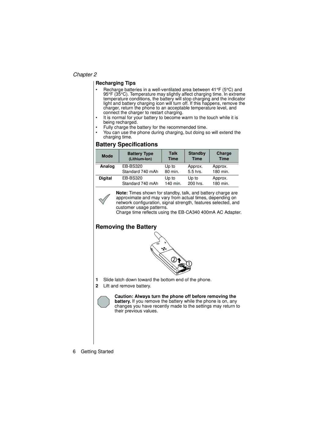 Panasonic EB-TX320 operating instructions Battery Specifications, Removing the Battery, Recharging Tips 