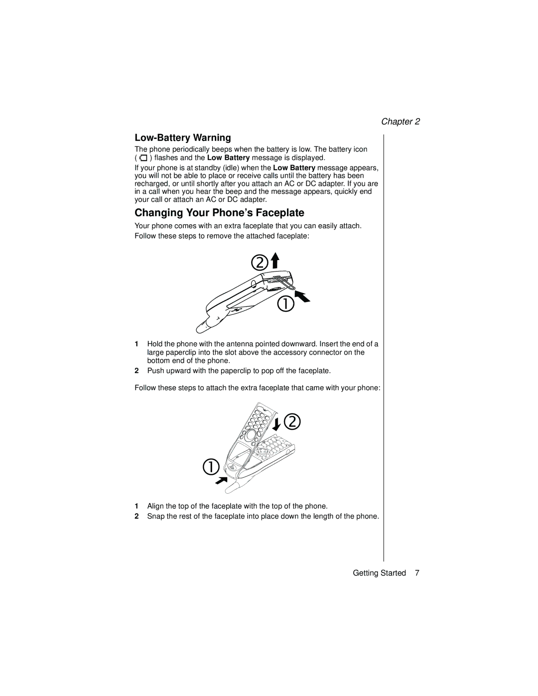 Panasonic EB-TX320 operating instructions Changing Your Phone’s Faceplate, Low-Battery Warning 