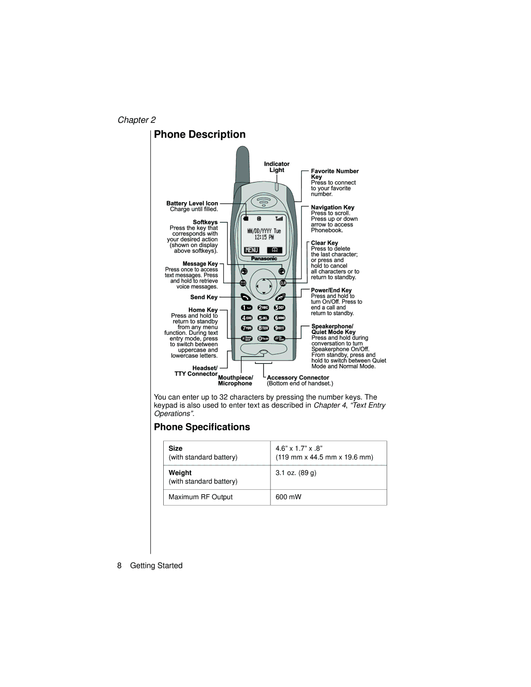 Panasonic EB-TX320 operating instructions Phone Description, Phone Specifications 