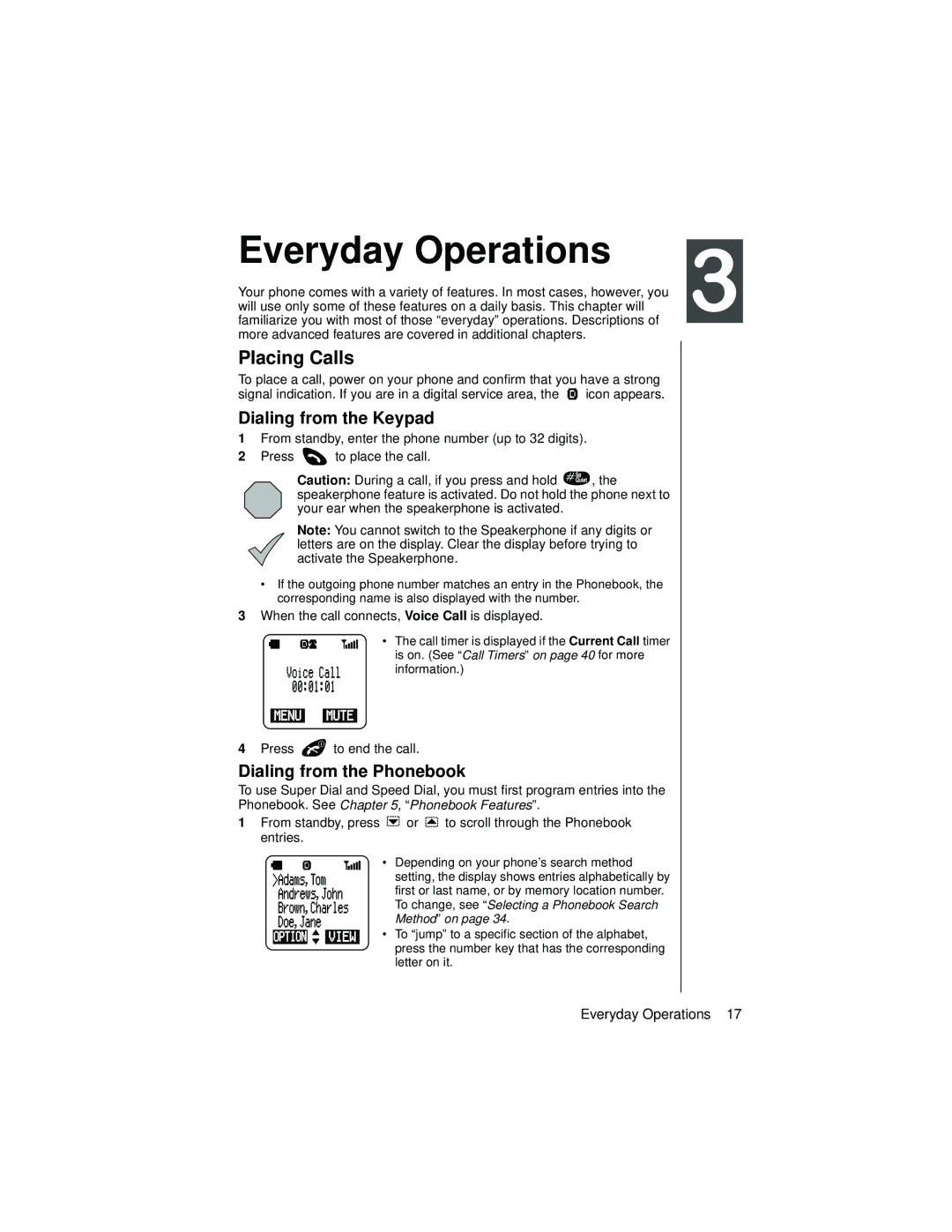 Panasonic EB-TX320 Everyday Operations, Placing Calls, Dialing from the Keypad, Dialing from the Phonebook 