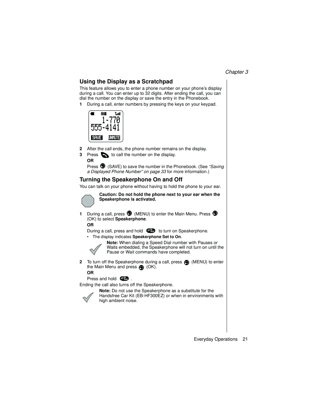 Panasonic EB-TX320 operating instructions Using the Display as a Scratchpad, Turning the Speakerphone On and Off 