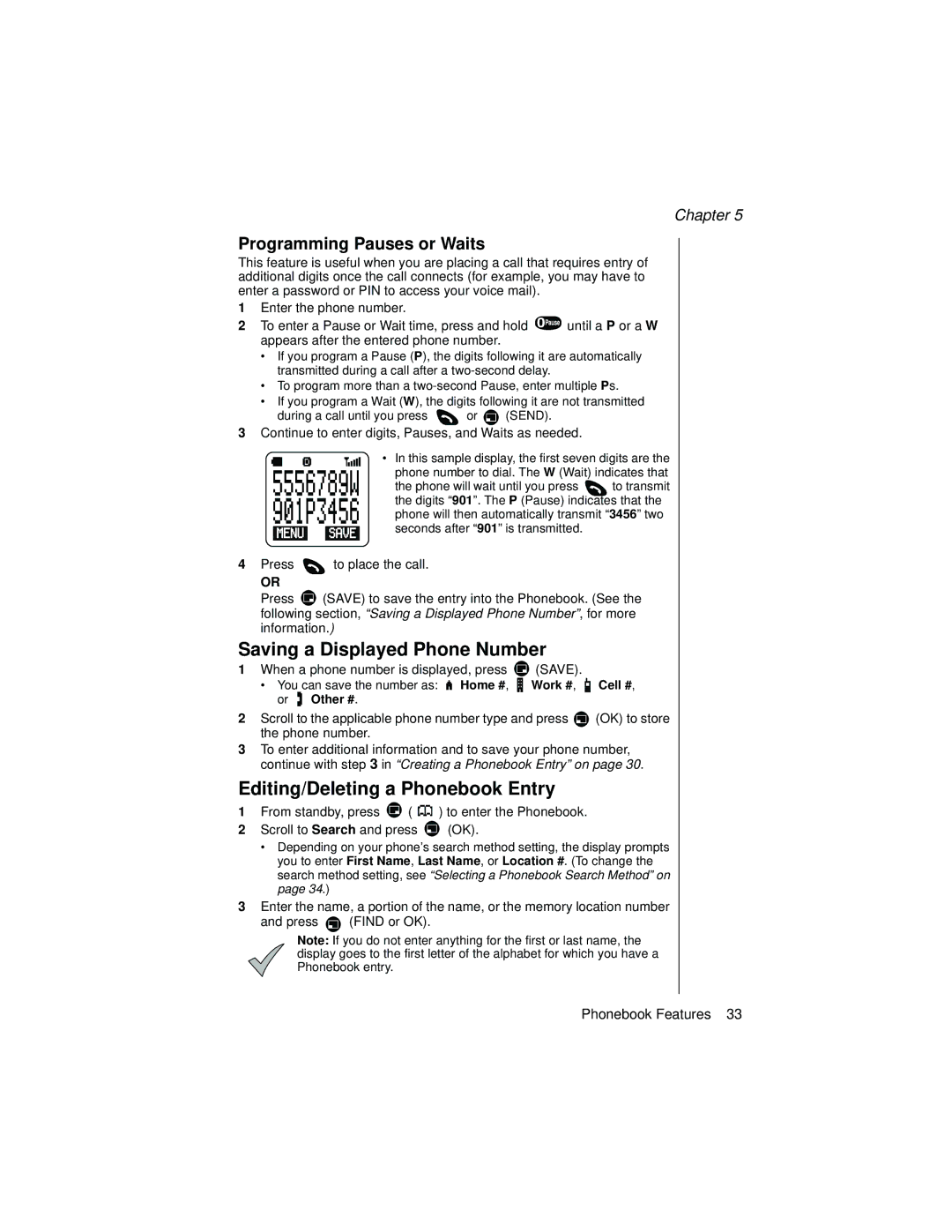 Panasonic EB-TX320 Saving a Displayed Phone Number, Editing/Deleting a Phonebook Entry, Programming Pauses or Waits 