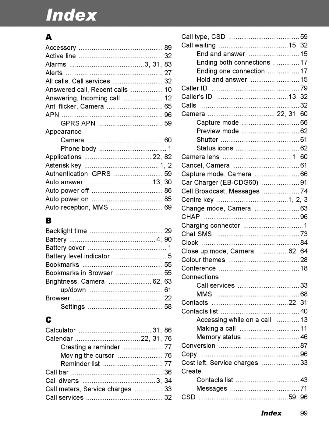 Panasonic EB-X100 operating instructions Index, Hold and answer 