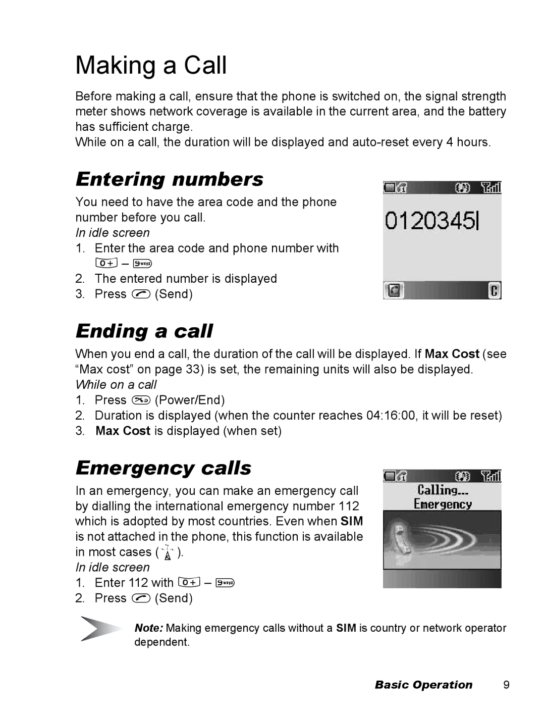 Panasonic EB-X100 operating instructions Making a Call, Entering numbers, Ending a call, Emergency calls 