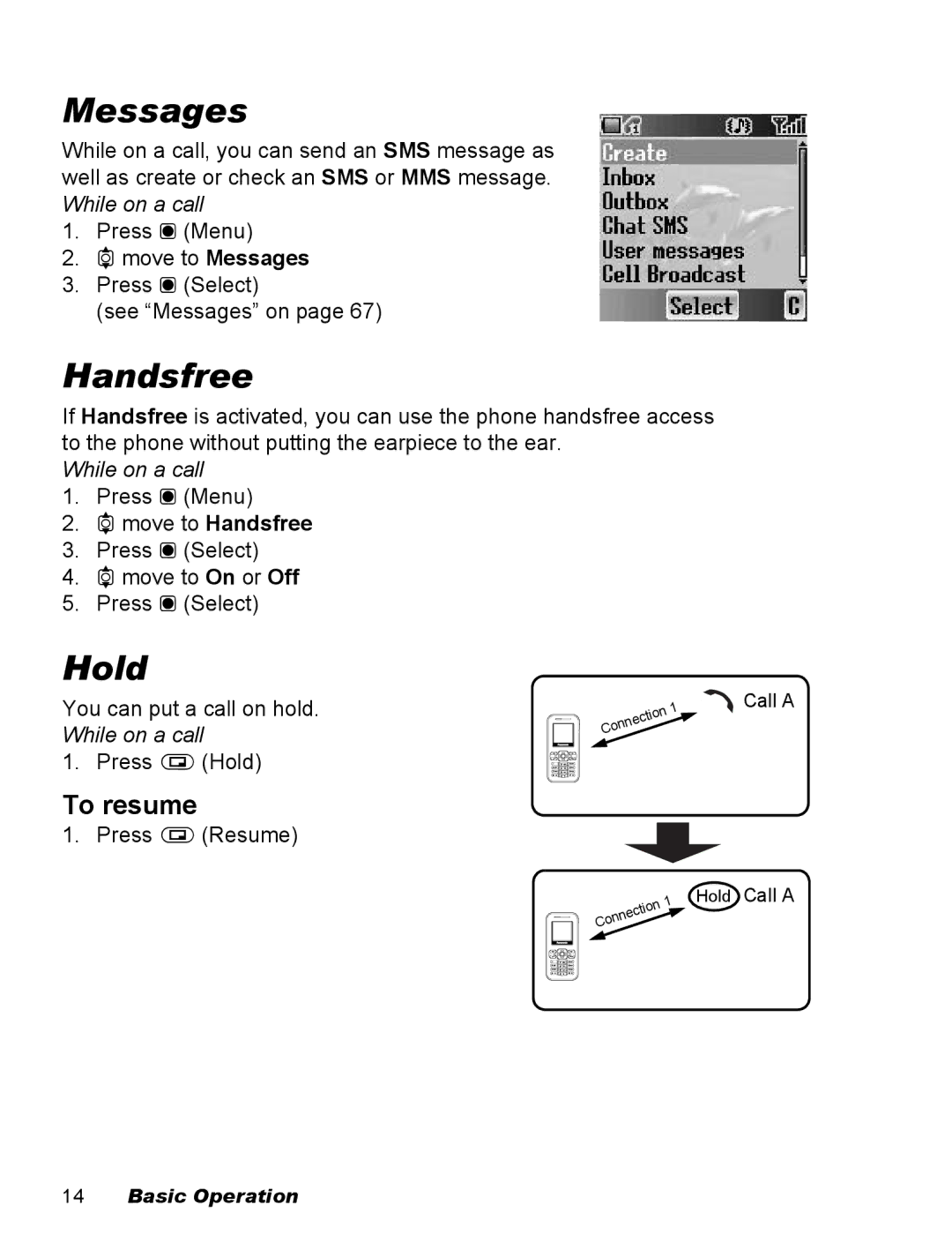 Panasonic EB-X100 operating instructions Messages, Handsfree, Hold, To resume 