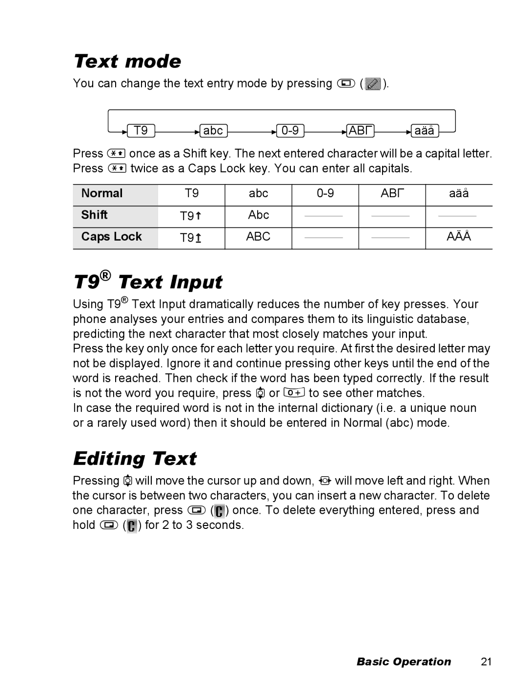 Panasonic EB-X100 operating instructions Text mode, T9 Text Input, Editing Text, Shift, Caps Lock 