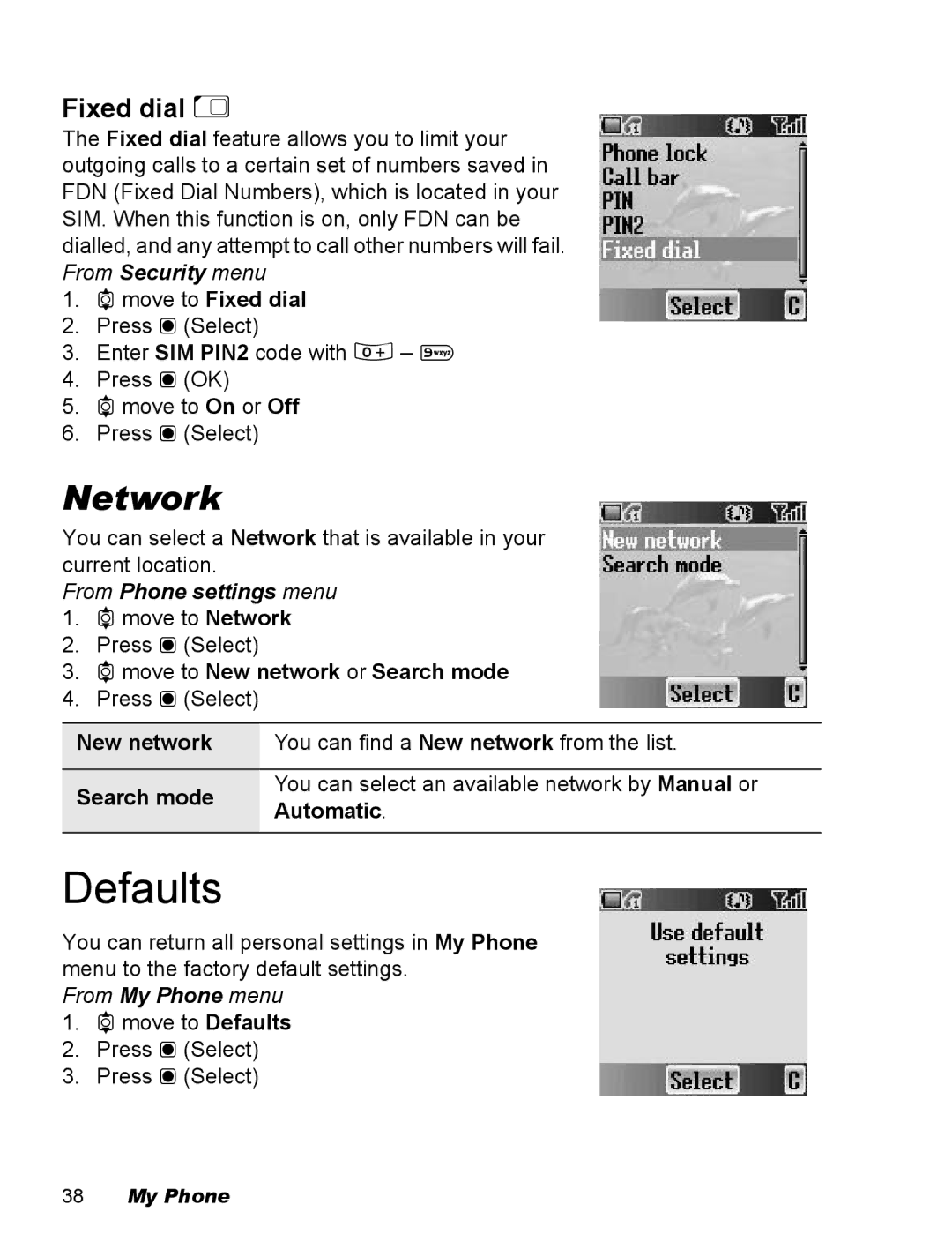 Panasonic EB-X100 Defaults, Network, Fixed dial E, 4move to Fixed dial, 4move to New network or Search mode 