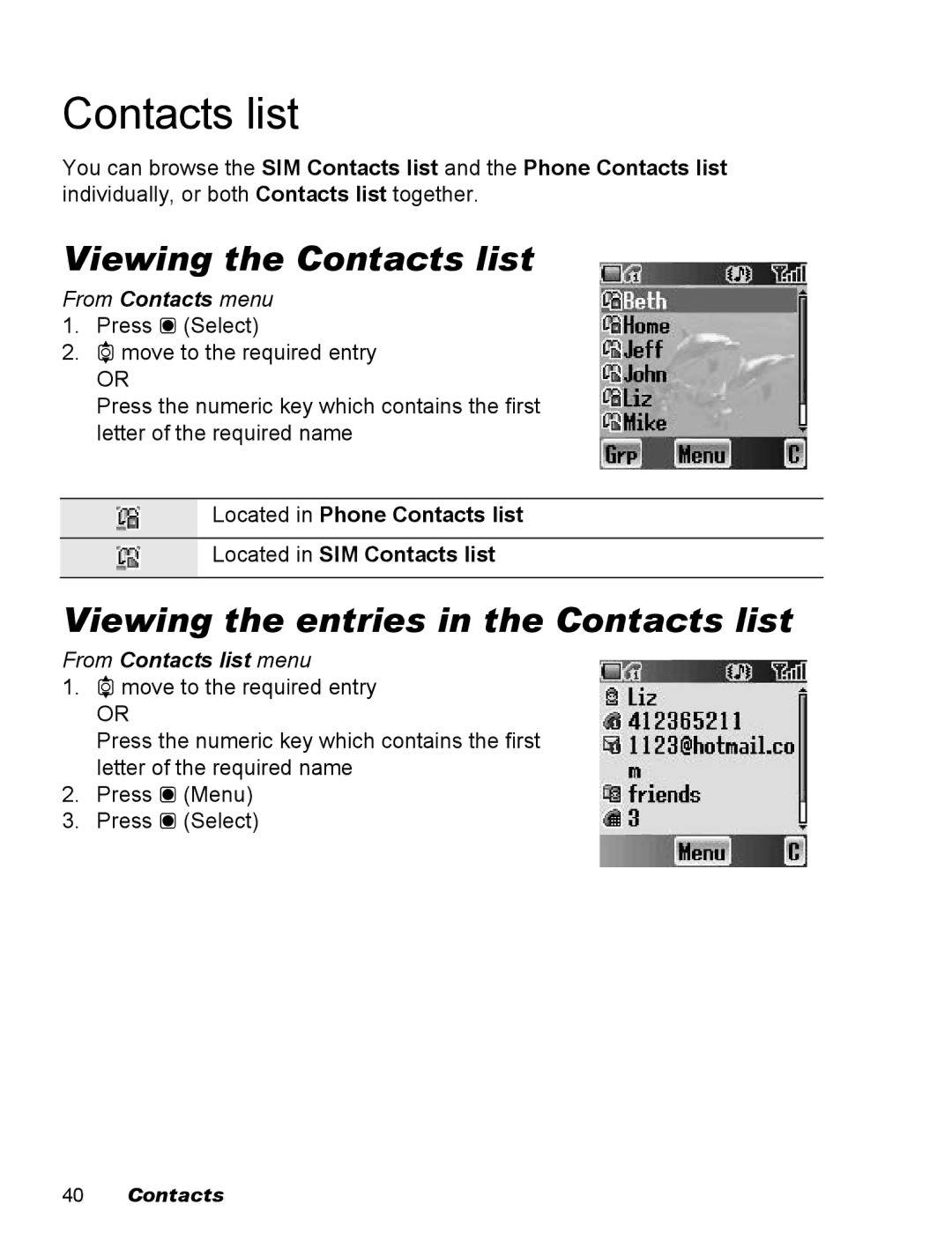 Panasonic EB-X100 Viewing the Contacts list, Viewing the entries in the Contacts list, From Contacts list menu 