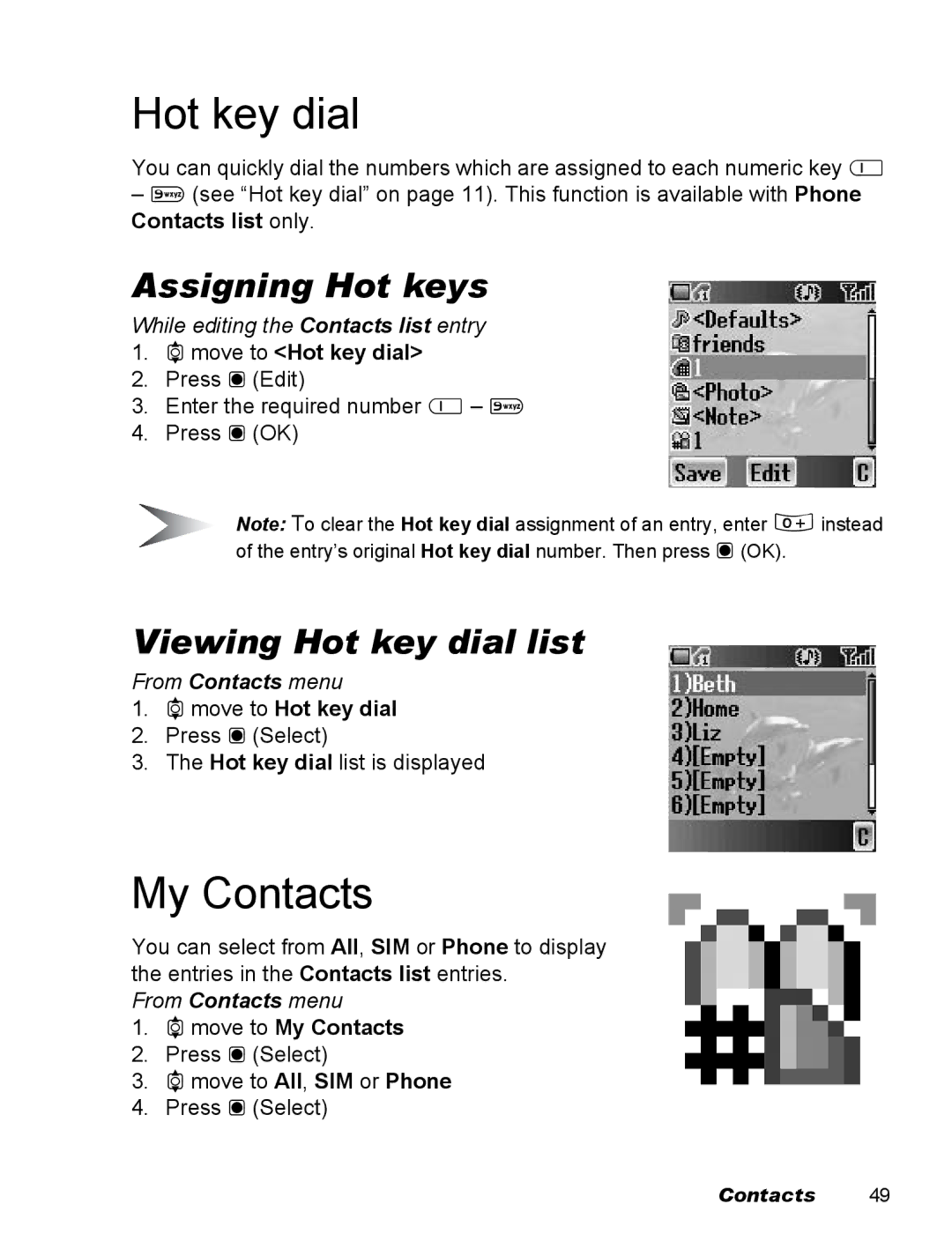 Panasonic EB-X100 operating instructions My Contacts, Assigning Hot keys, Viewing Hot key dial list 