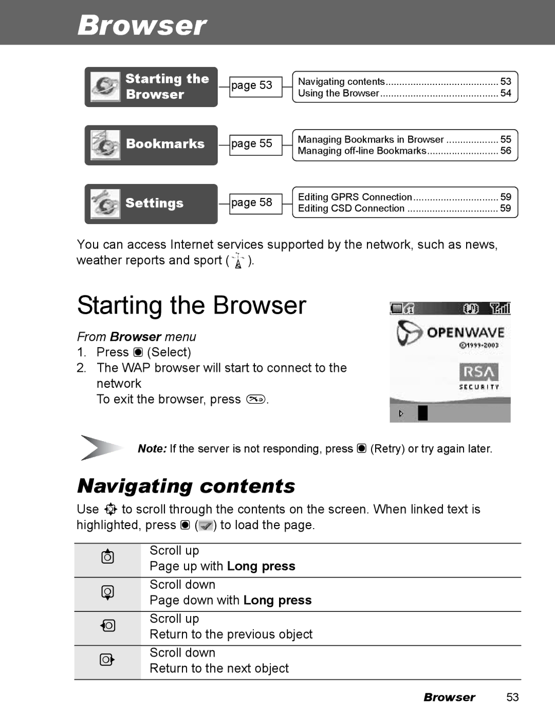 Panasonic EB-X100 operating instructions Starting the Browser, Navigating contents 