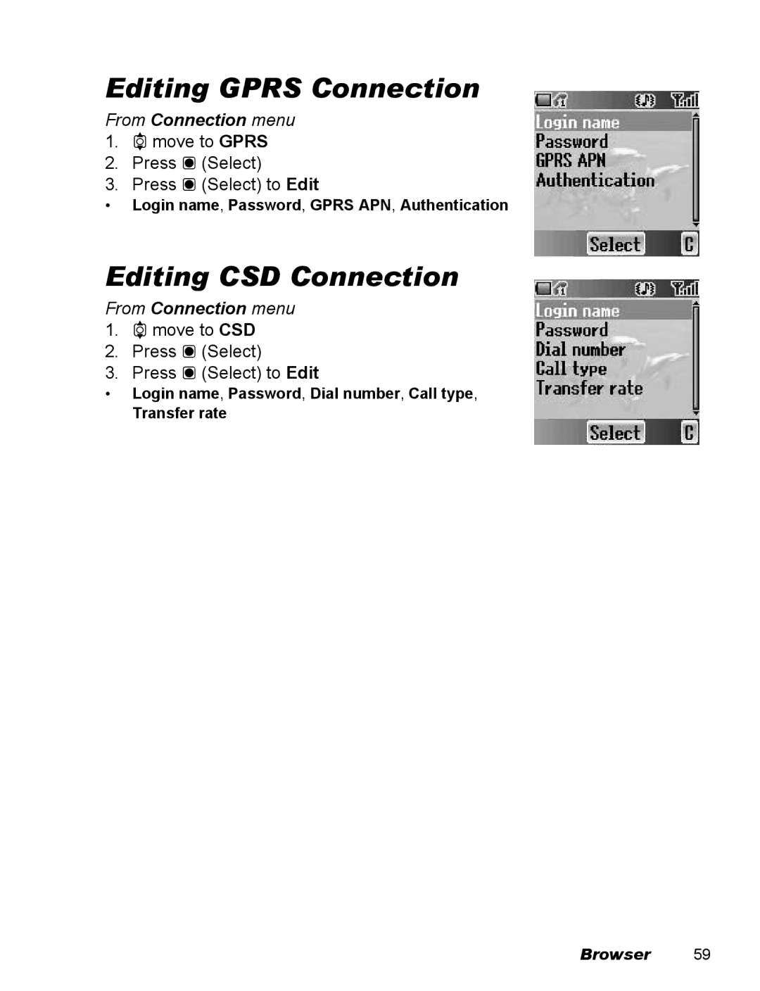 Panasonic EB-X100 operating instructions Editing Gprs Connection, Editing CSD Connection, From Connection menu 