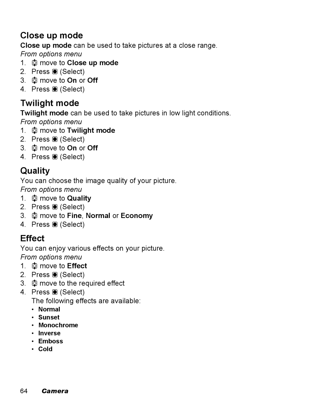 Panasonic EB-X100 operating instructions Close up mode, Twilight mode, Quality, Effect 