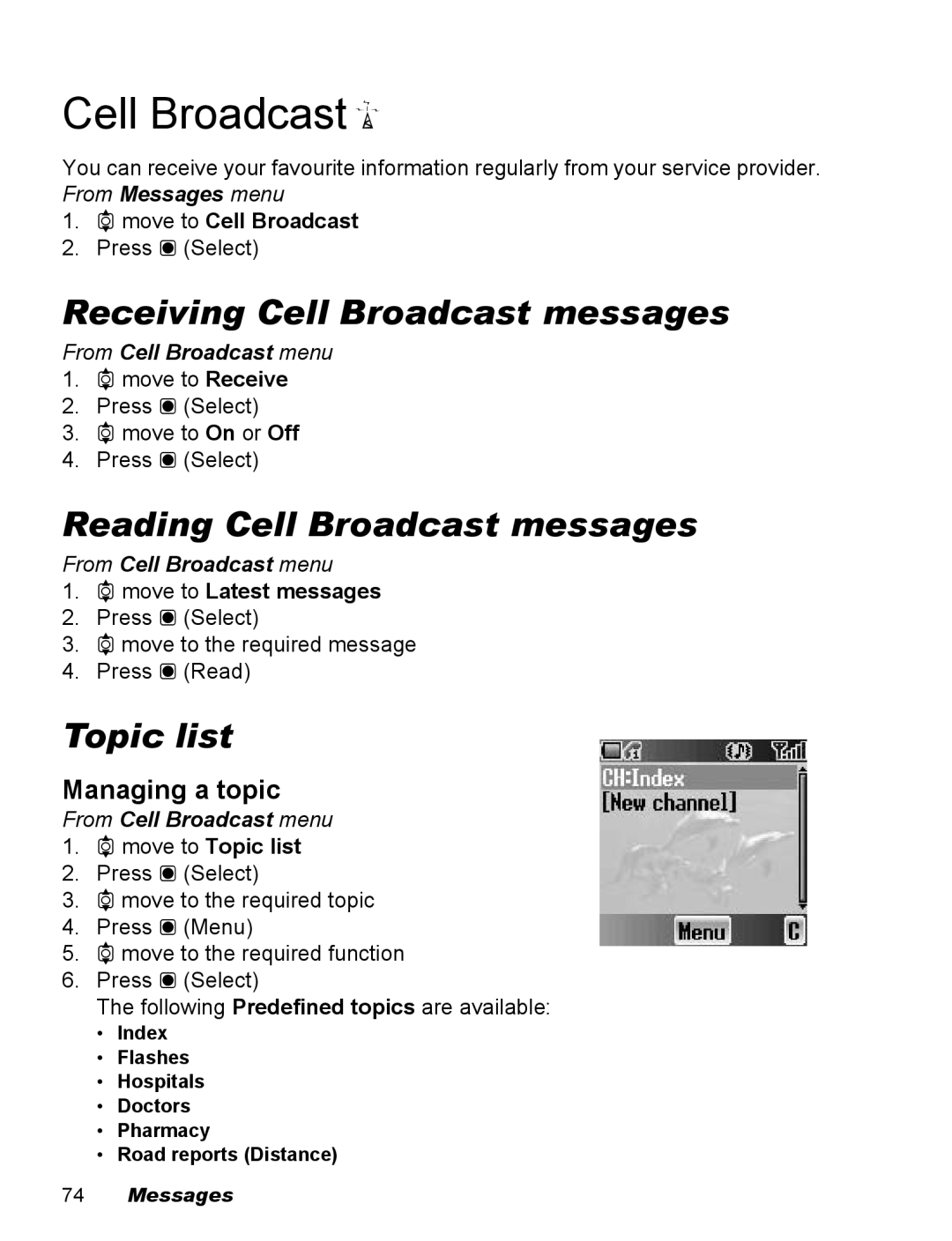 Panasonic EB-X100 Cell Broadcast F, Receiving Cell Broadcast messages, Reading Cell Broadcast messages, Topic list 