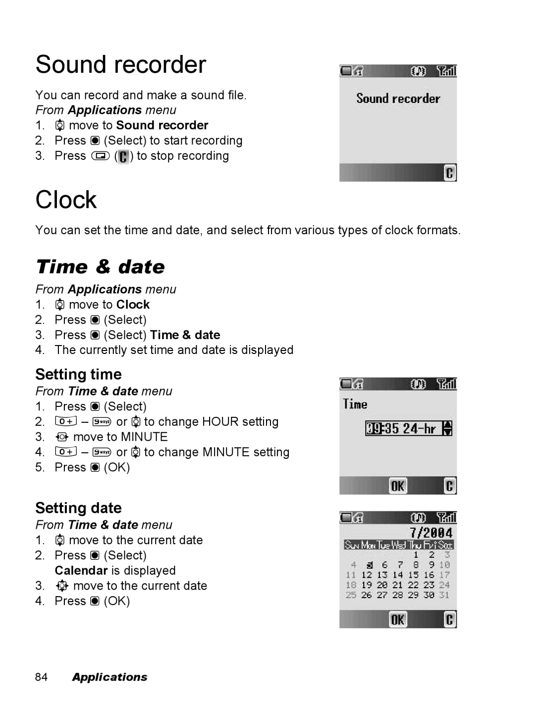 Panasonic EB-X100 operating instructions Sound recorder, Clock, Time & date, Setting time, Setting date 