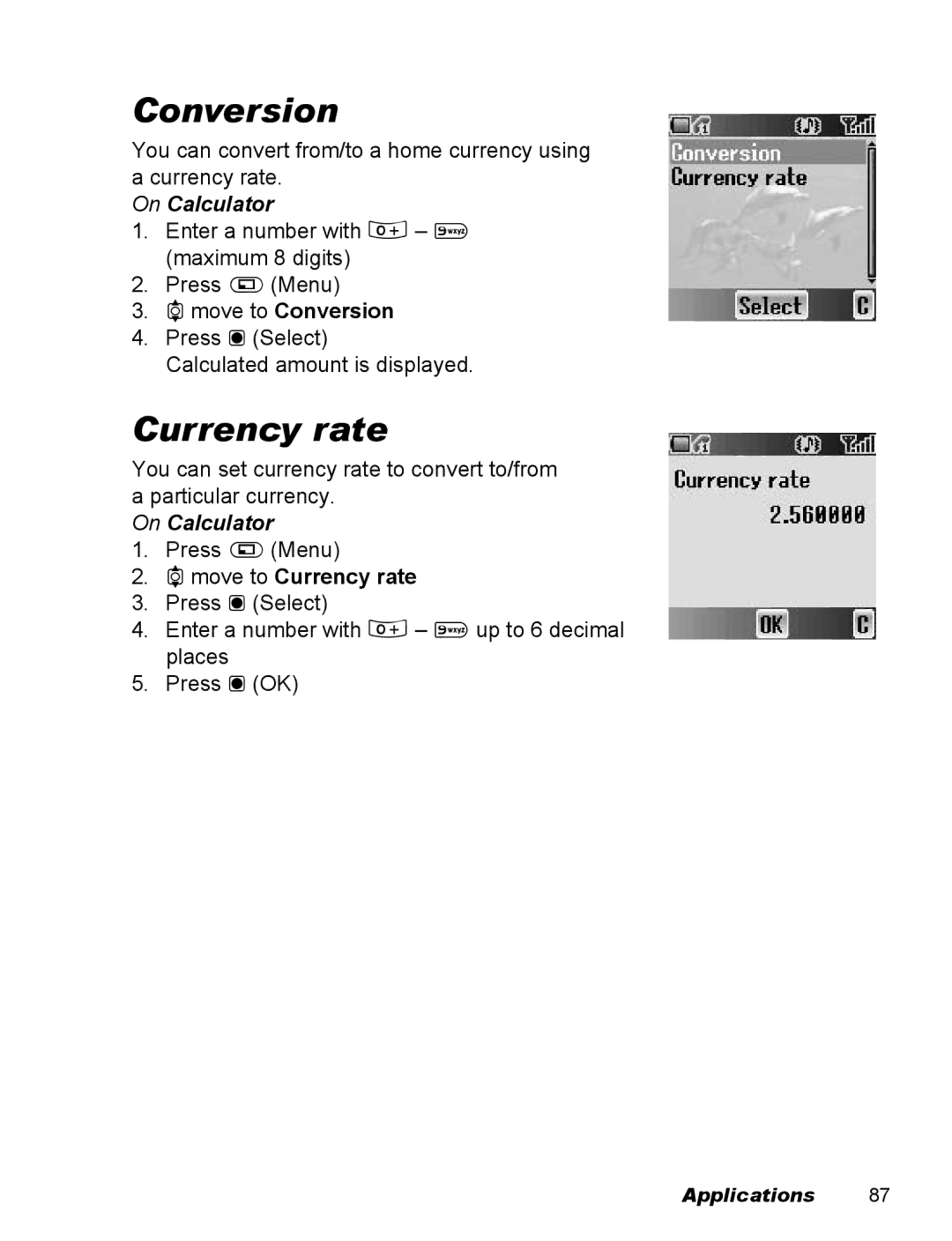 Panasonic EB-X100 operating instructions On Calculator, 4move to Conversion, 4move to Currency rate 