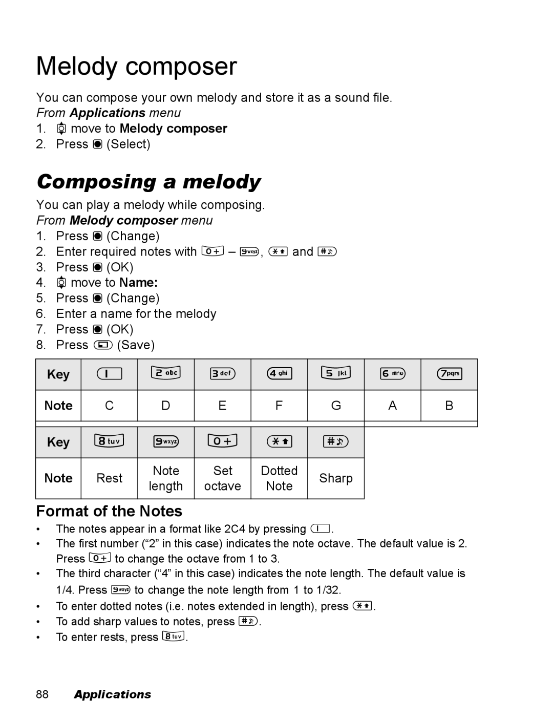 Panasonic EB-X100 operating instructions Composing a melody, Format of the Notes, From Melody composer menu 