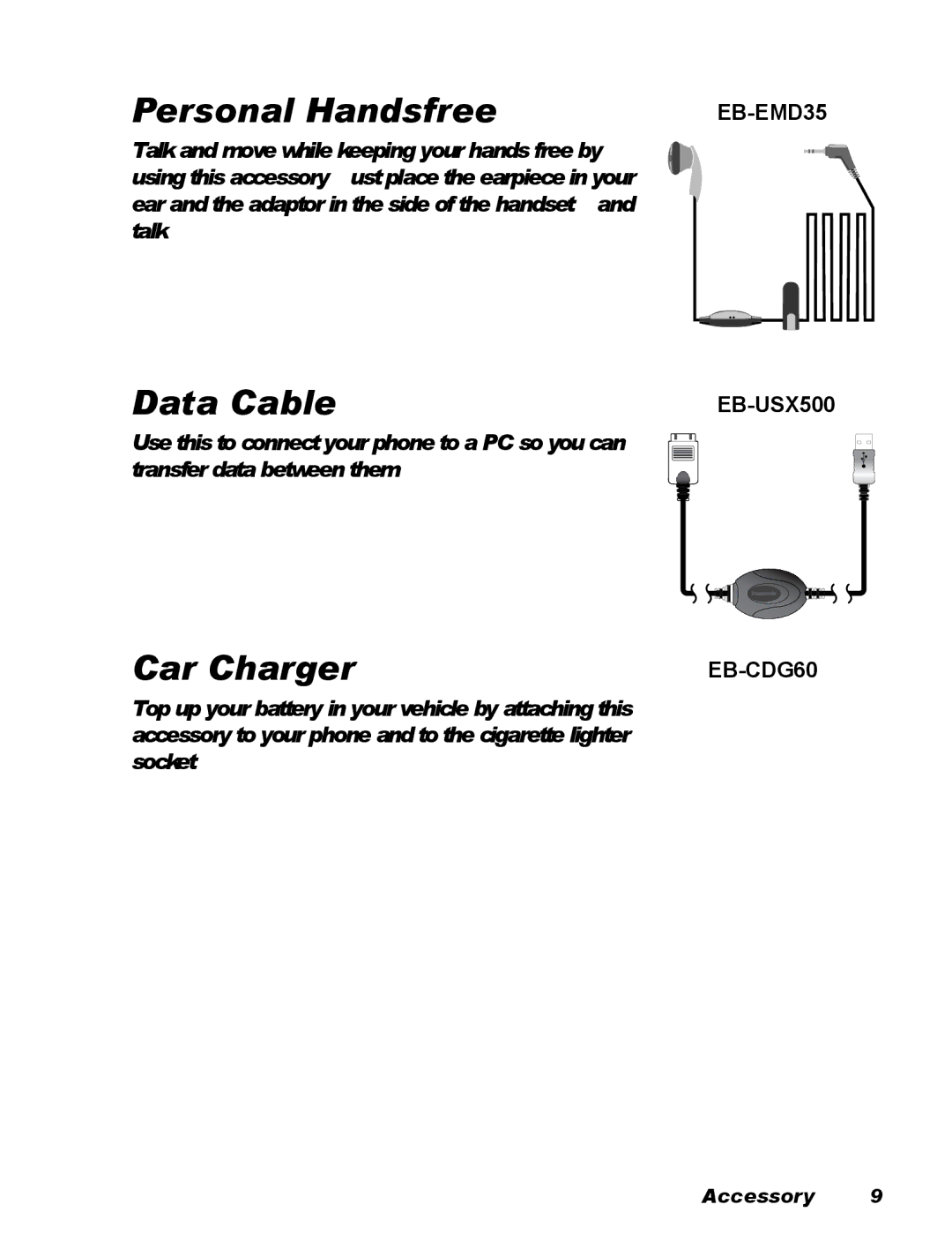 Panasonic EB-X100 operating instructions Personal Handsfree, Data Cable, Car Charger 