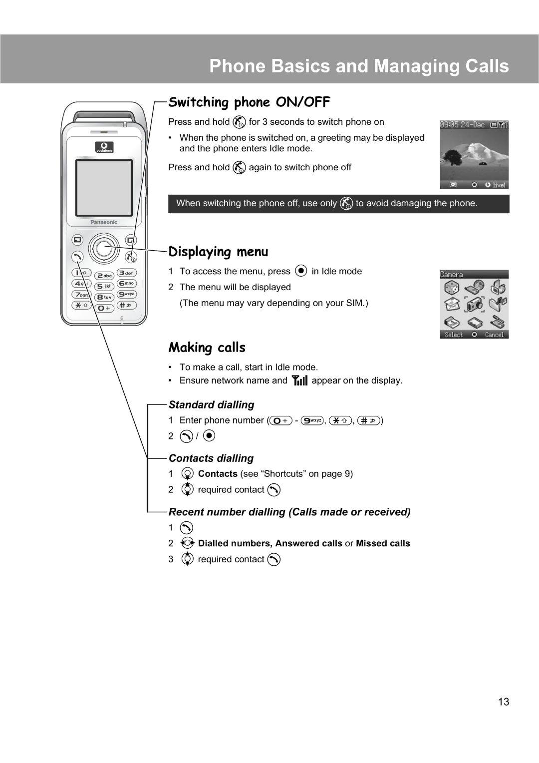 Panasonic EB-X200 Phone Basics and Managing Calls, Switching phone ON/OFF, Displaying menu, Making calls 