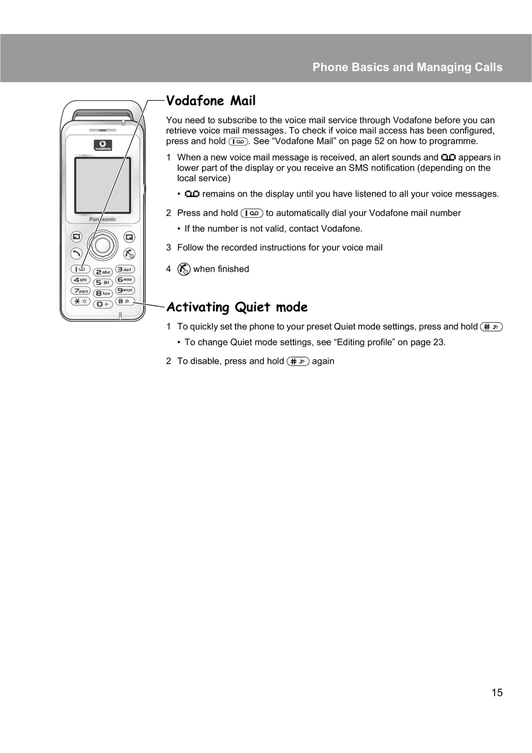 Panasonic EB-X200 operating instructions Vodafone Mail, Activating Quiet mode 