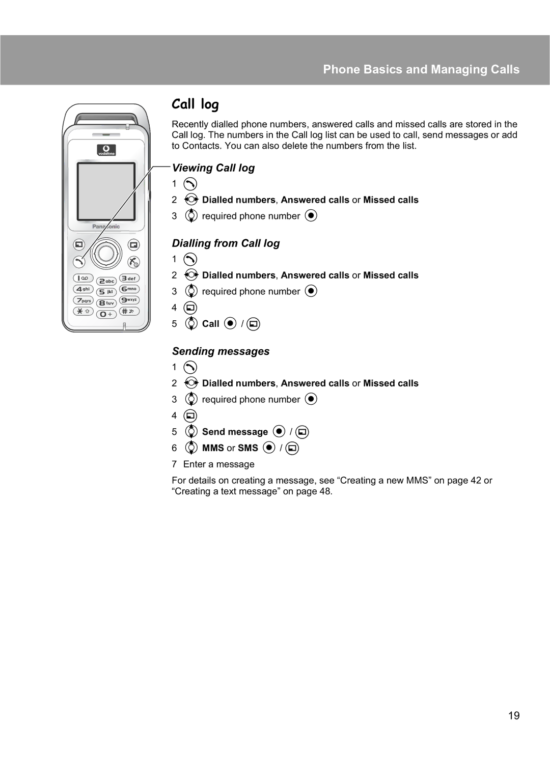 Panasonic EB-X200 operating instructions Viewing Call log, Dialling from Call log, Sending messages, 4Send message / a 