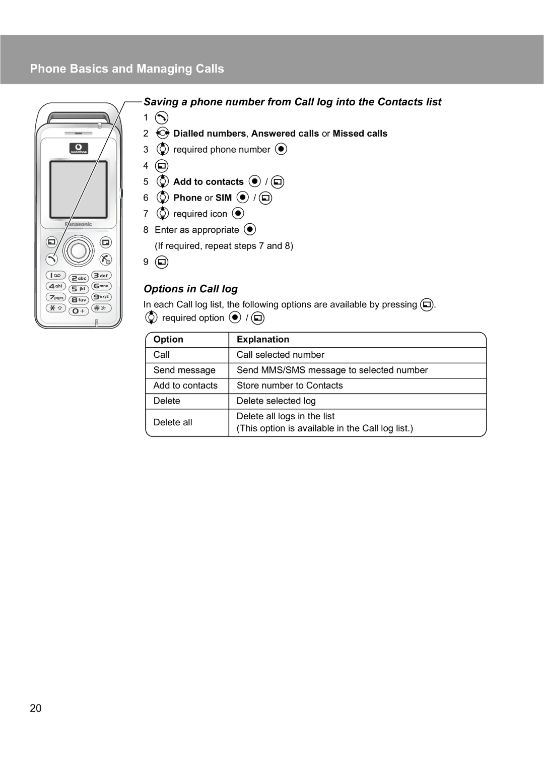 Panasonic EB-X200 Saving a phone number from Call log into the Contacts list, Options in Call log, 4Add to contacts / a 