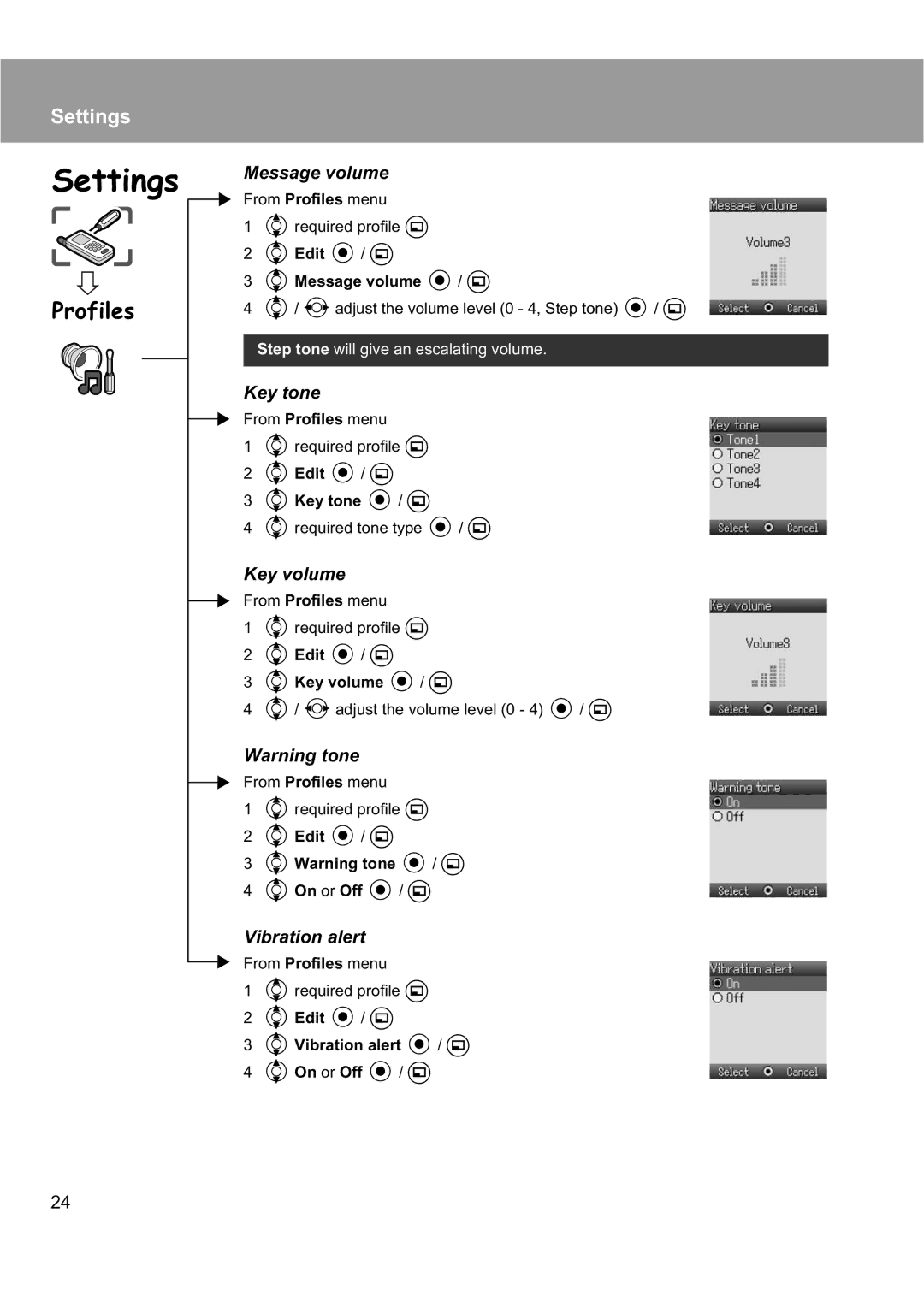 Panasonic EB-X200 operating instructions Message volume, Key tone, Key volume, Vibration alert 