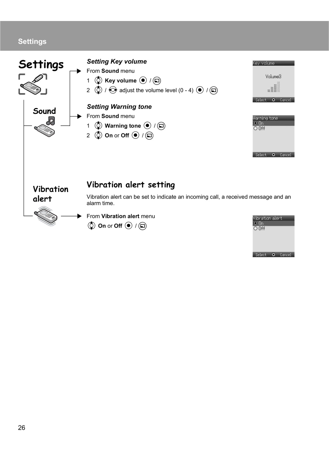 Panasonic EB-X200 Sound Vibration alert, Vibration alert setting, Setting Key volume, Setting Warning tone 