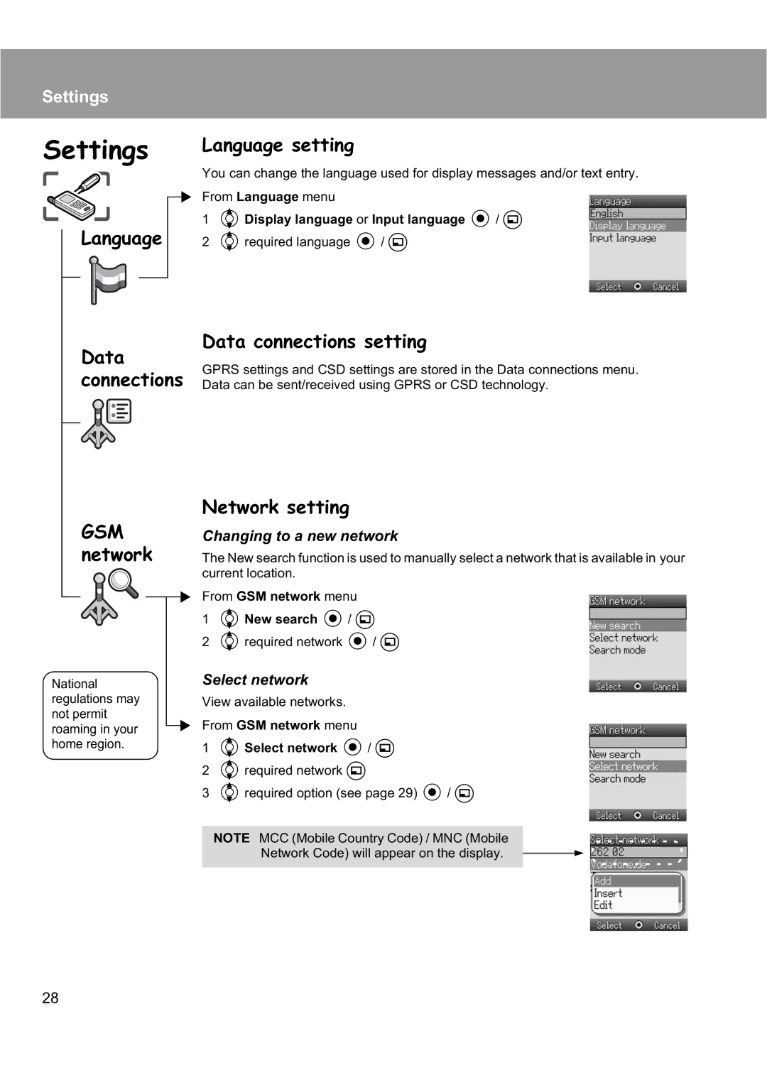 Panasonic EB-X200 Language Data connections GSM network, Language setting, Data connections setting, Network setting 