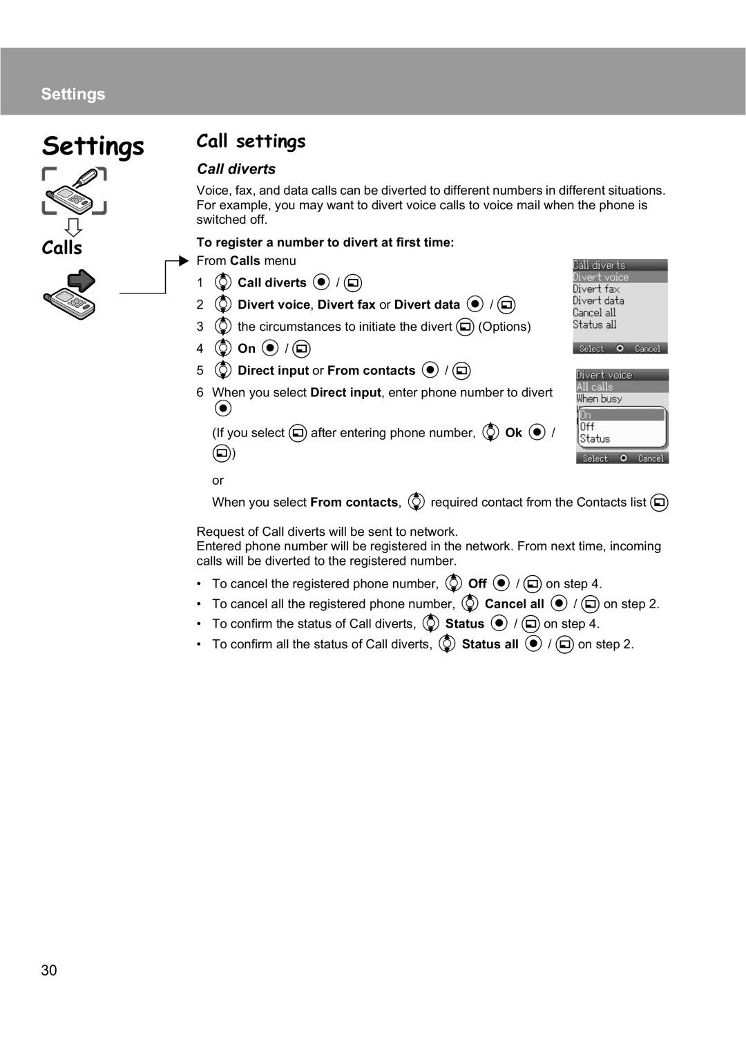 Panasonic EB-X200 operating instructions Calls Call settings, Call diverts, To register a number to divert at first time 