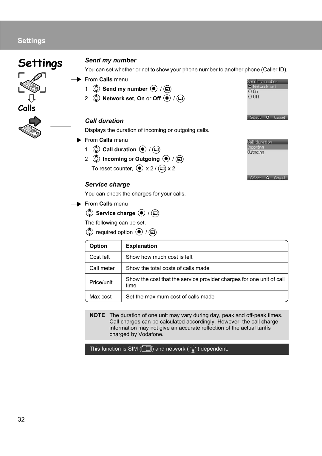 Panasonic EB-X200 operating instructions Call duration, Service charge, 4Send my number / a 4Network set, On or Off / a 