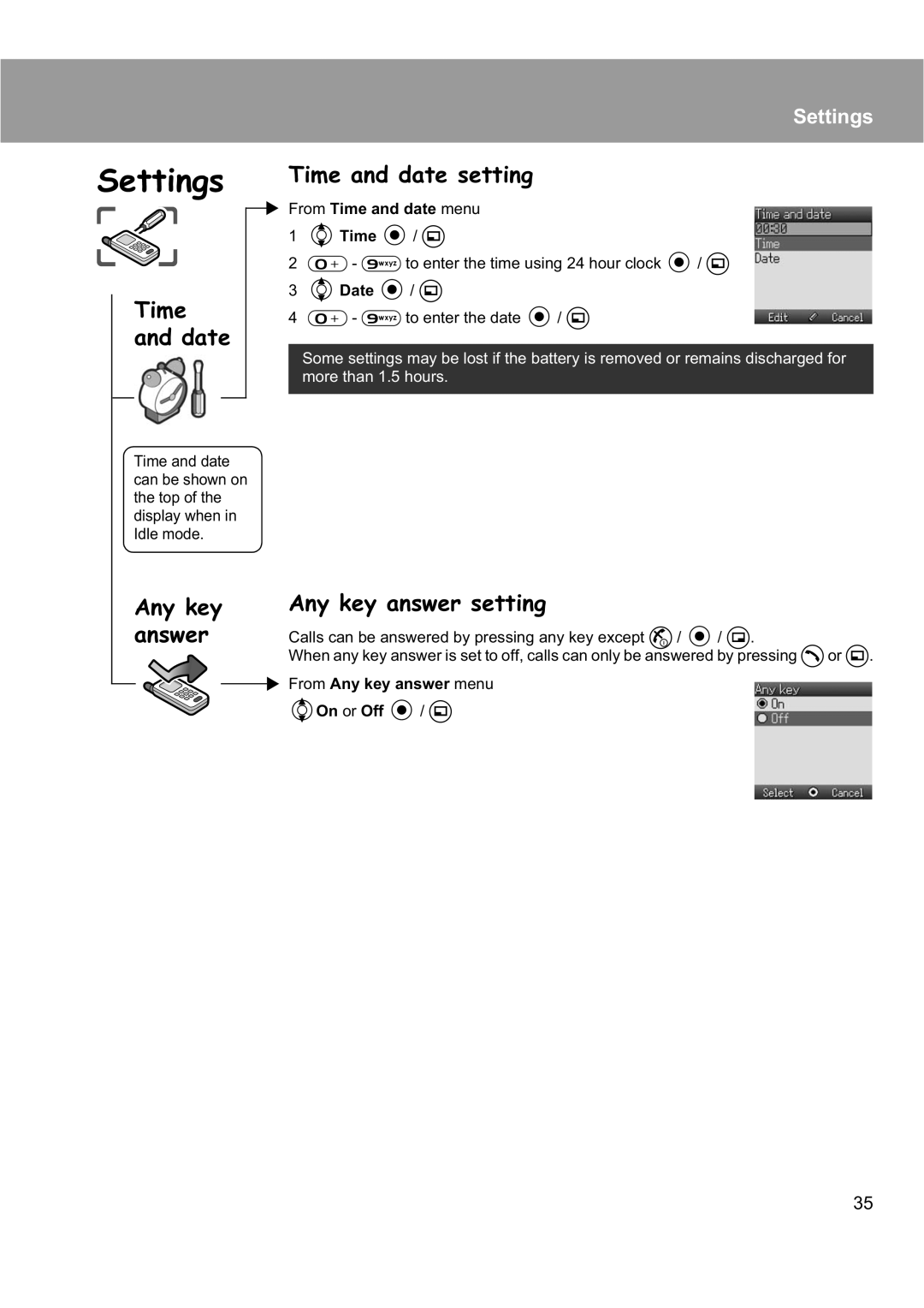 Panasonic EB-X200 operating instructions Time and date setting, Any key Any key answer setting Answer 