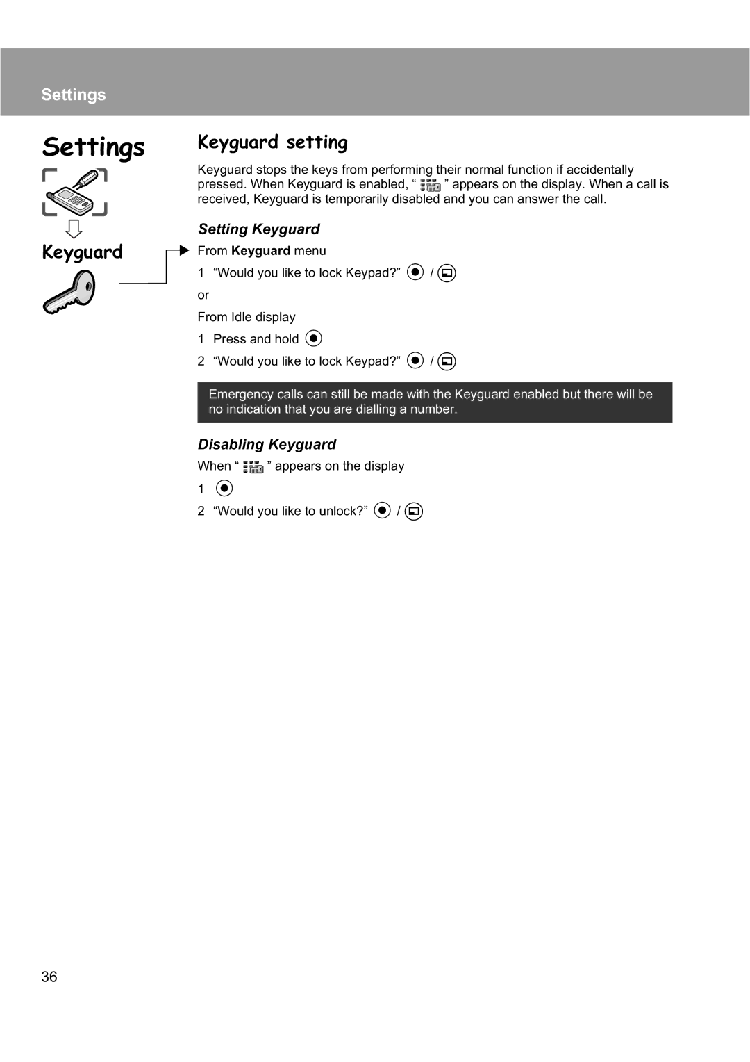 Panasonic EB-X200 operating instructions Keyguard setting, Setting Keyguard, Disabling Keyguard 