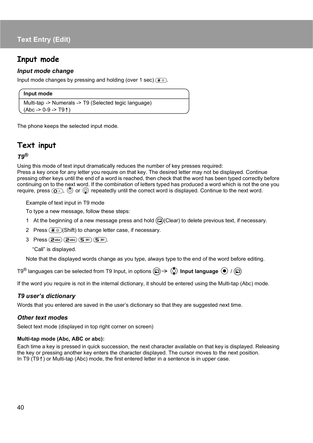 Panasonic EB-X200 operating instructions Text input, Input mode change, T9 user’s dictionary, Other text modes 