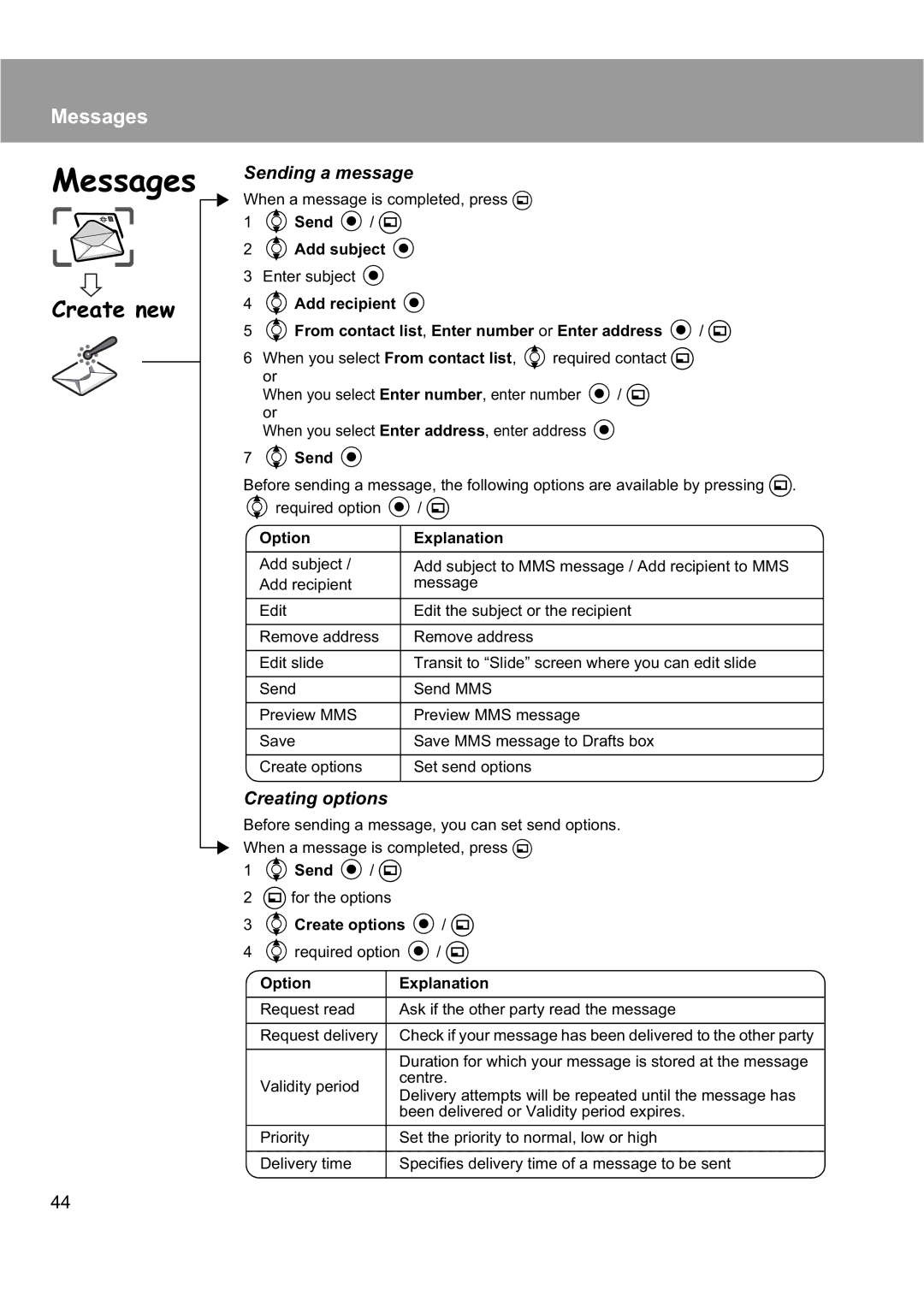 Panasonic EB-X200 operating instructions Sending a message, Creating options, 4Add subject, 4Send, 4Create options / a 