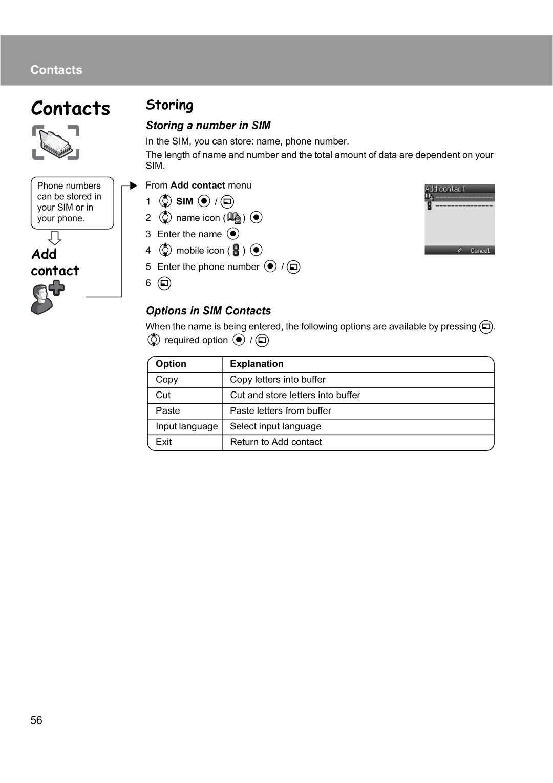 Panasonic EB-X200 Add contact Storing, Storing a number in SIM, Options in SIM Contacts, From Add contact menu 