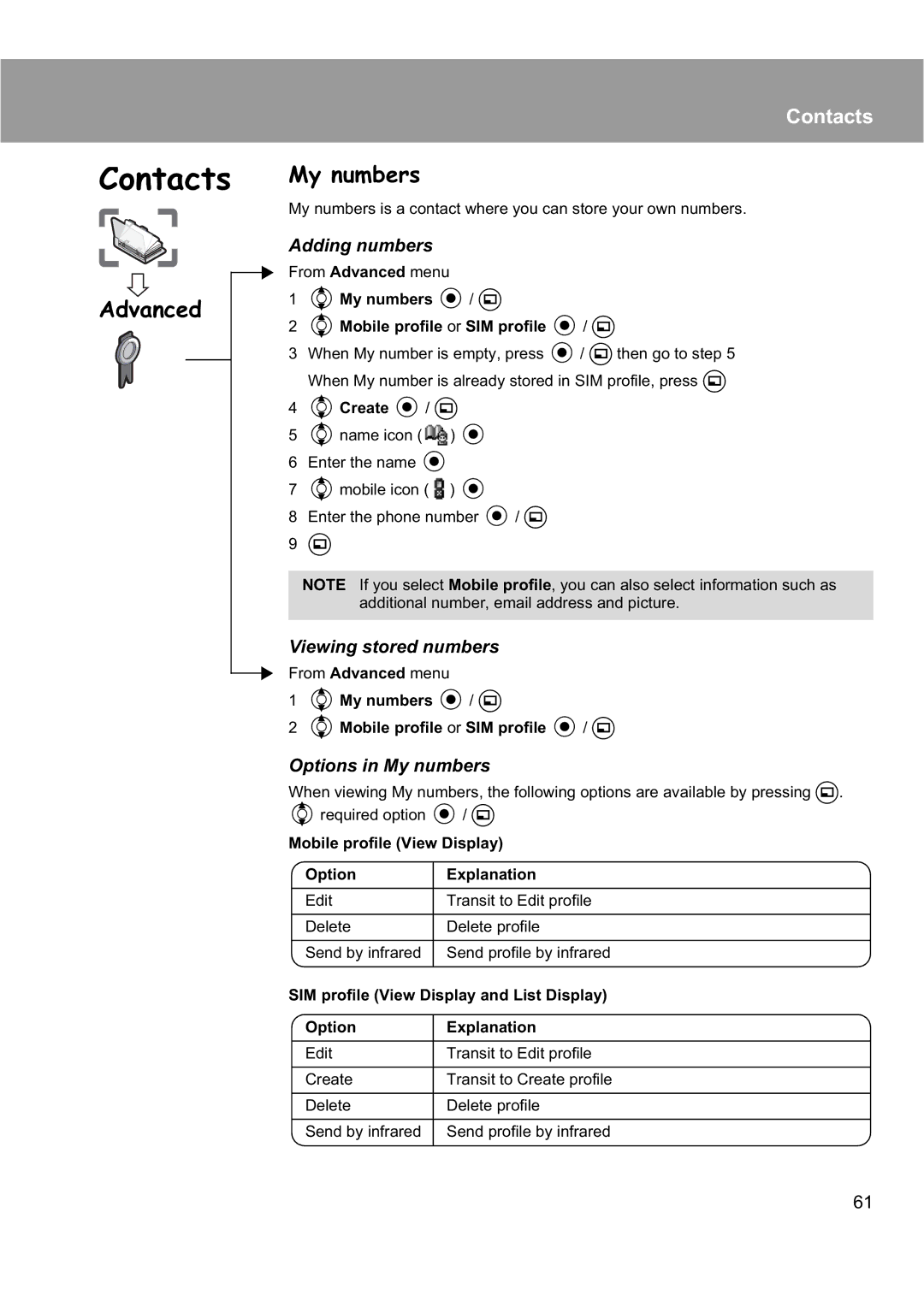 Panasonic EB-X200 operating instructions Advanced, Adding numbers, Options in My numbers 