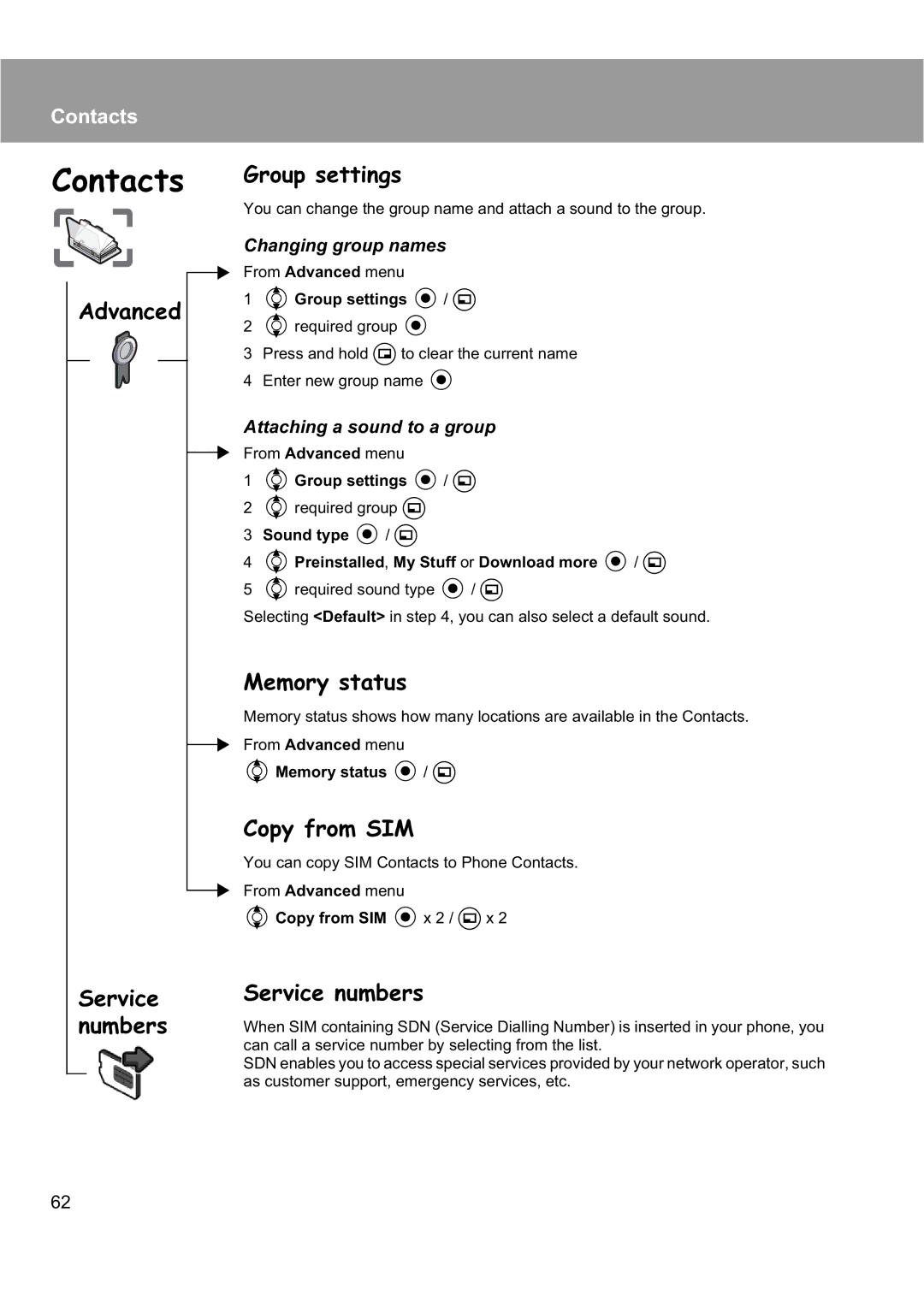 Panasonic EB-X200 operating instructions Advanced Group settings, Copy from SIM, Service numbers, Changing group names 