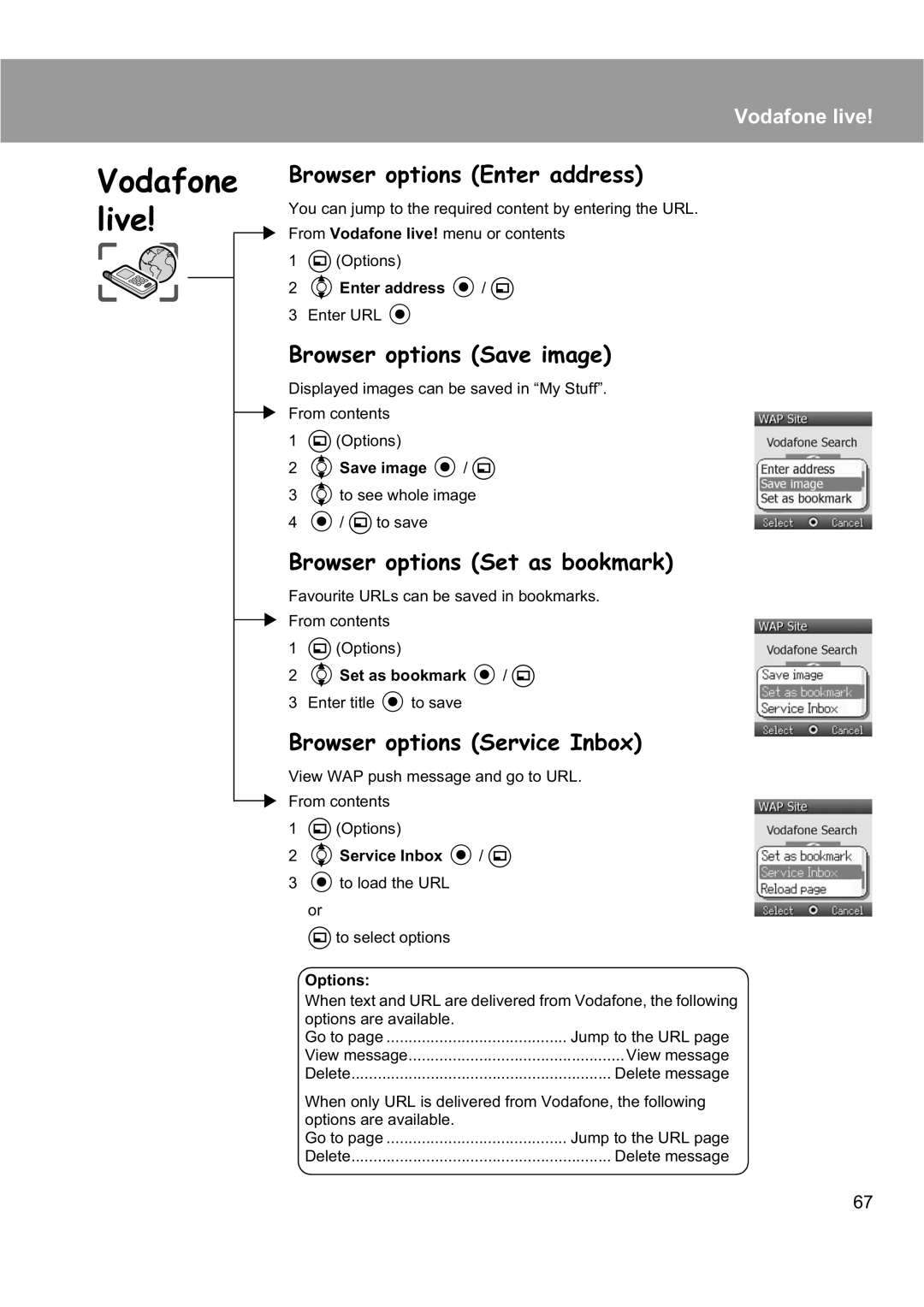 Panasonic EB-X200 Browser options Enter address, Browser options Save image, Browser options Set as bookmark 