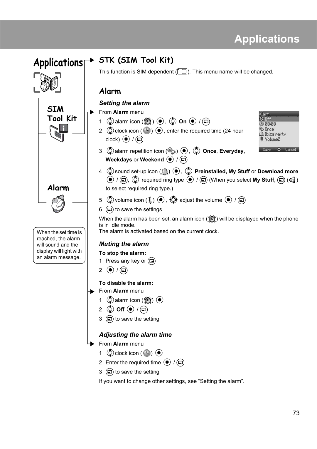 Panasonic EB-X200 operating instructions Applications STK SIM Tool Kit, Alarm 