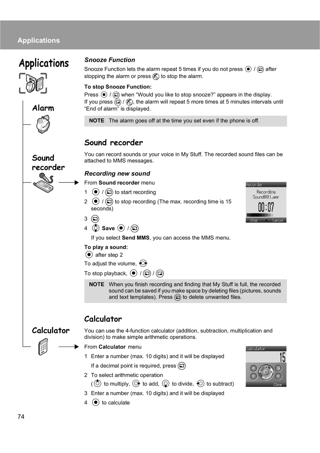 Panasonic EB-X200 Applications, Alarm Sound recorder Calculator, Snooze Function, Recording new sound 