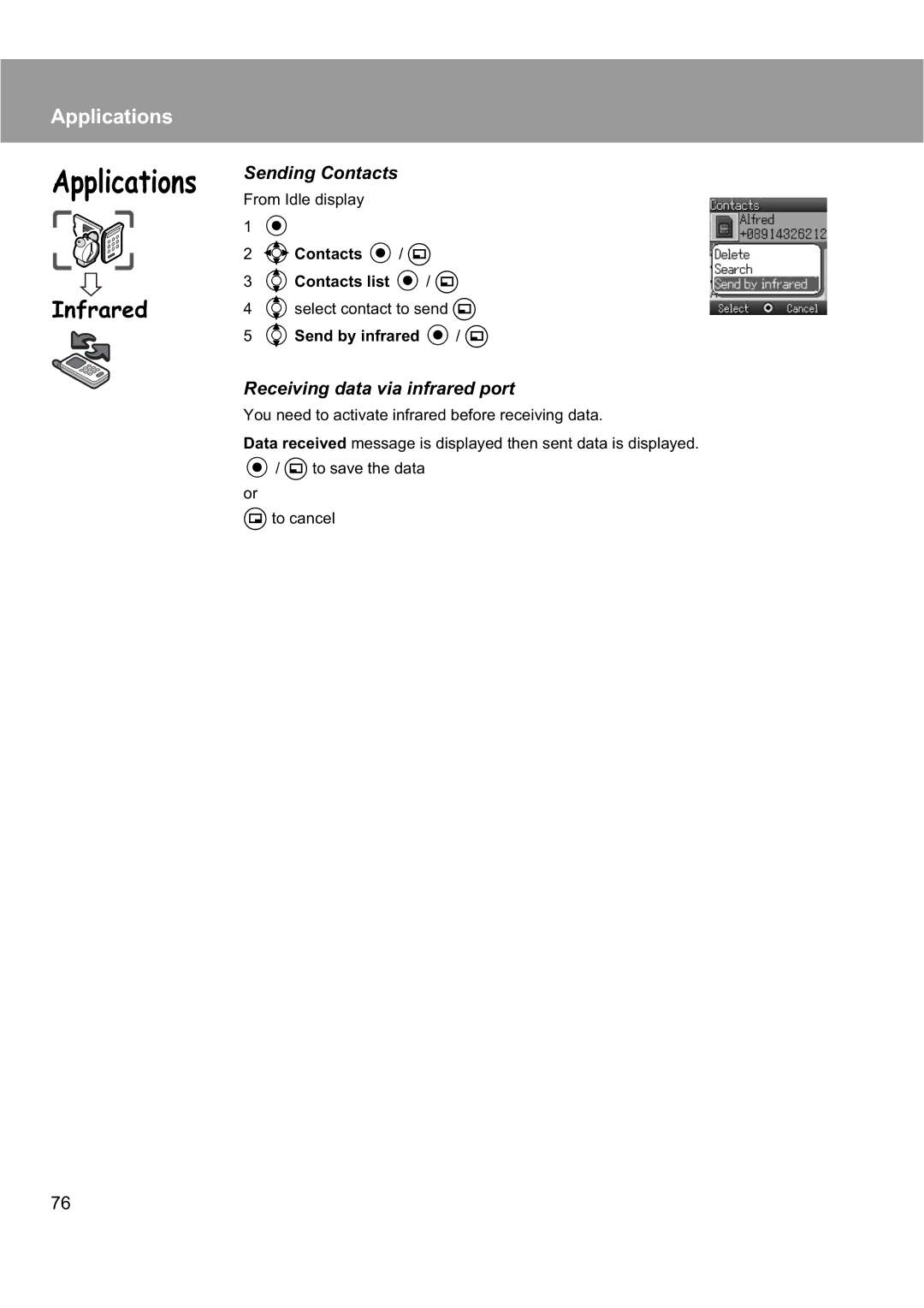 Panasonic EB-X200 Sending Contacts, Receiving data via infrared port, 0Contacts / a 4Contacts list / a 