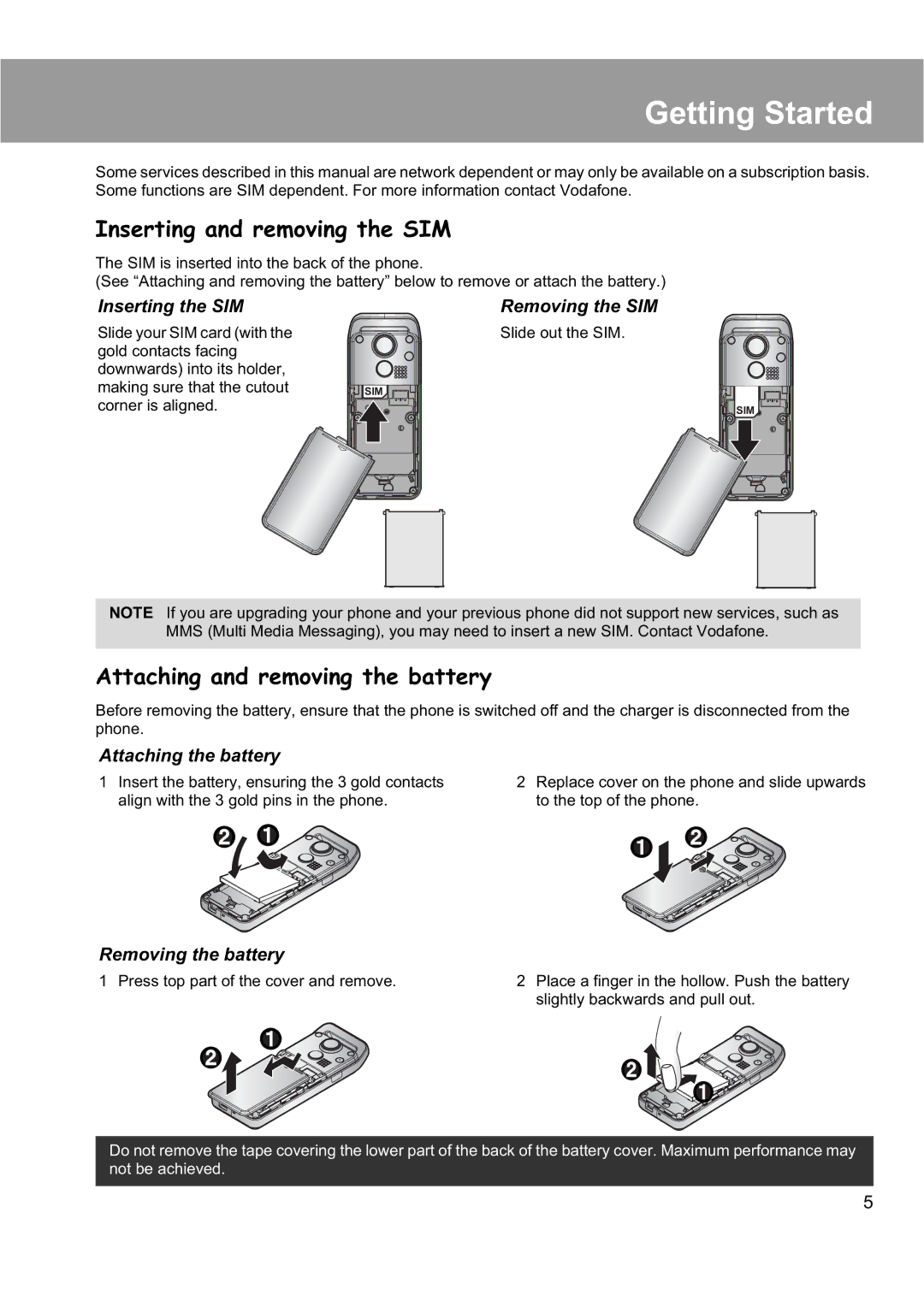 Panasonic EB-X200 Getting Started, Inserting and removing the SIM, Attaching and removing the battery 