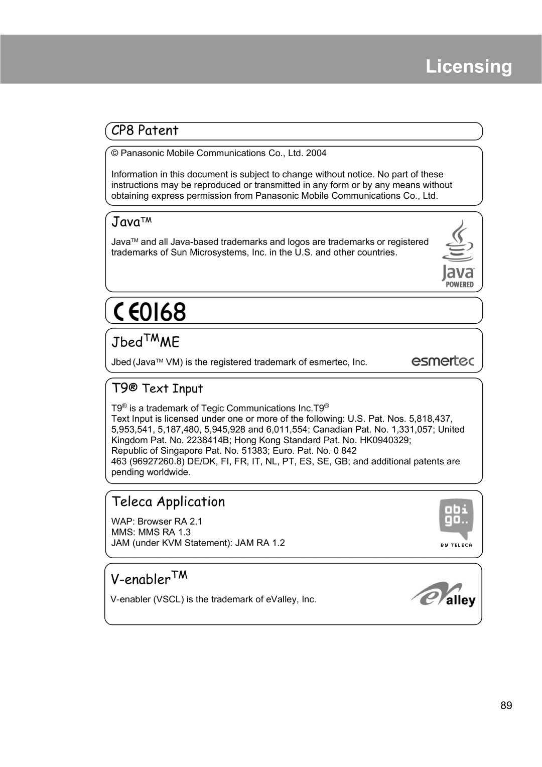 Panasonic EB-X200 operating instructions Licensing, CP8 Patent JavaTM 