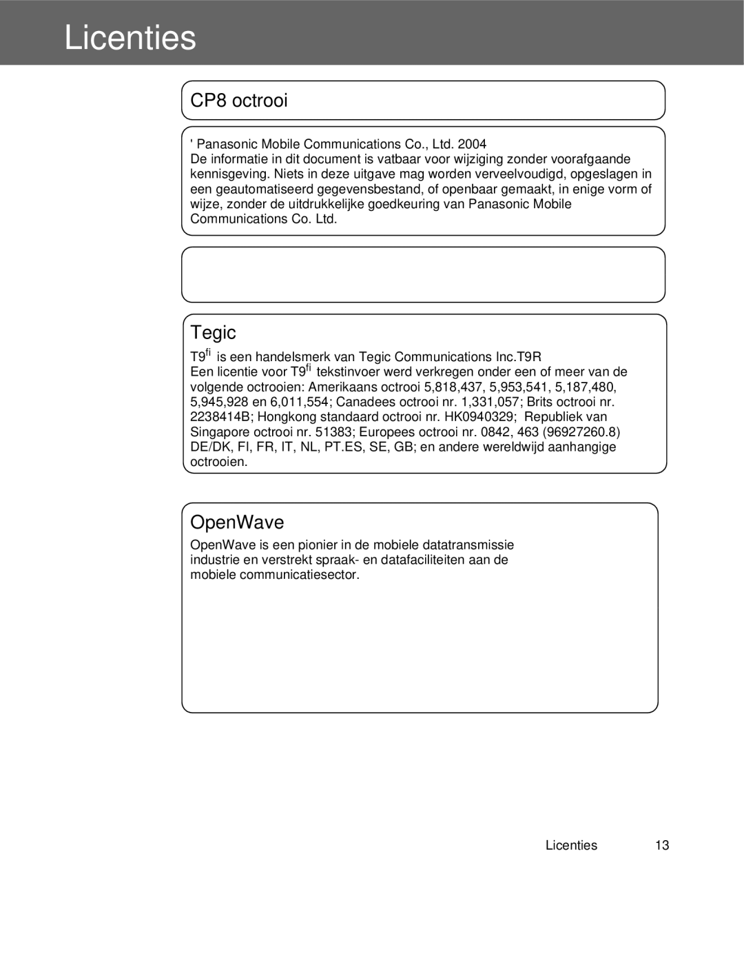 Panasonic EB-X300 manual Licenties, CP8 octrooi Tegic 